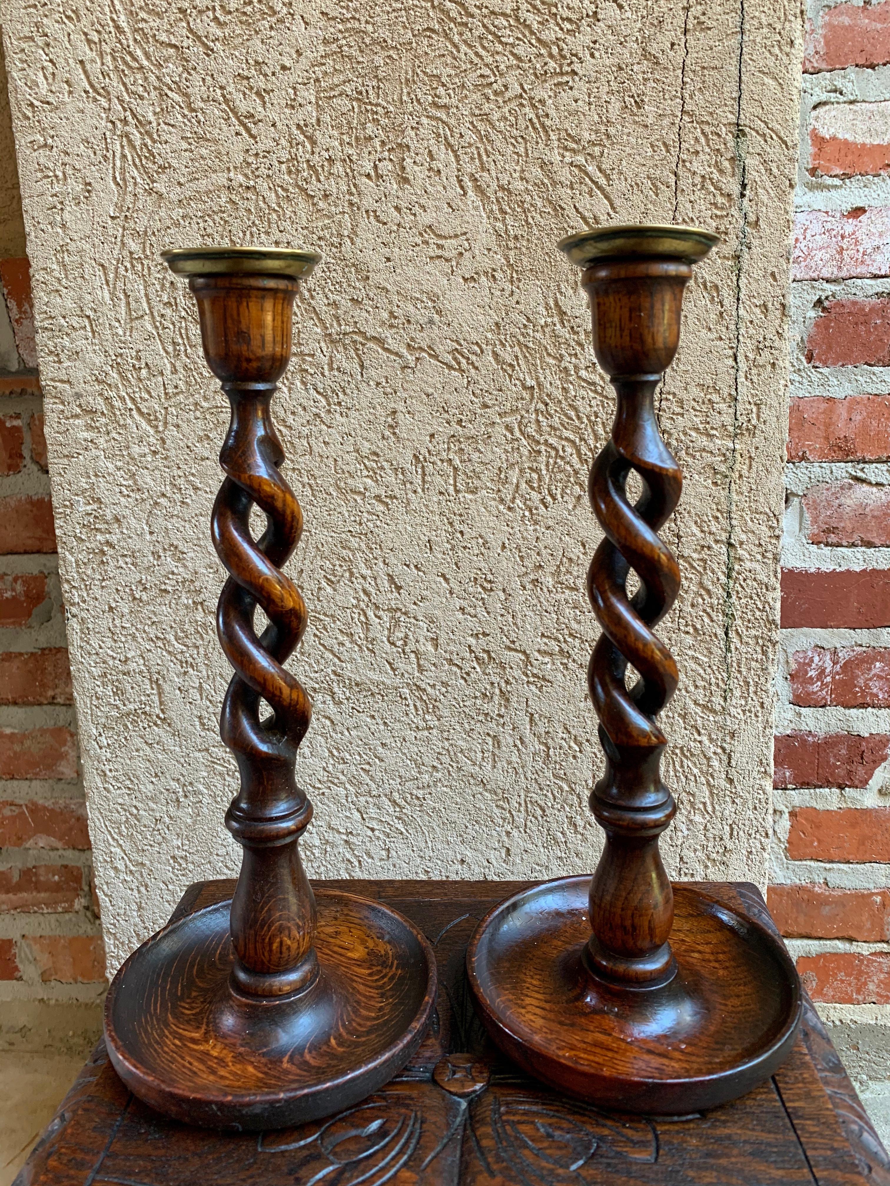 Pair of Antique English Oak Open Barley Twist Candlesticks Candleholder Brass In Good Condition In Shreveport, LA
