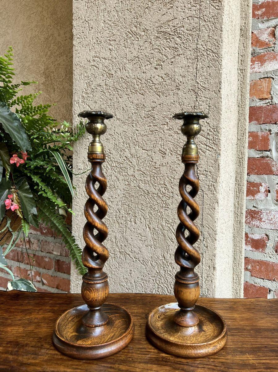 Turned Pair Antique English Oak Open Barley Twist Candlesticks Candle Holder Brass For Sale
