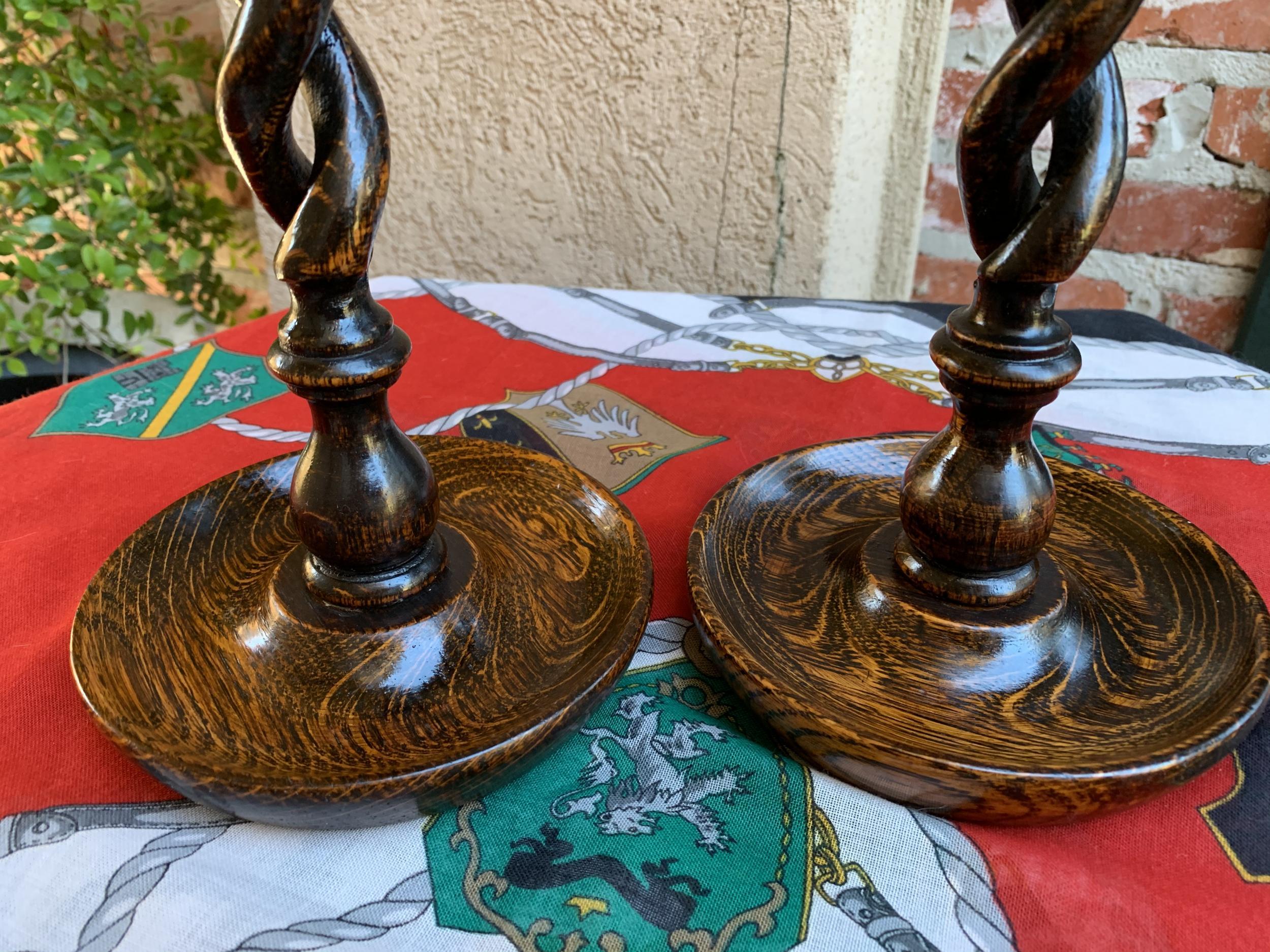 Pair of Antique English Oak Open Barley Twist Candlesticks Candleholder Brass In Good Condition In Shreveport, LA