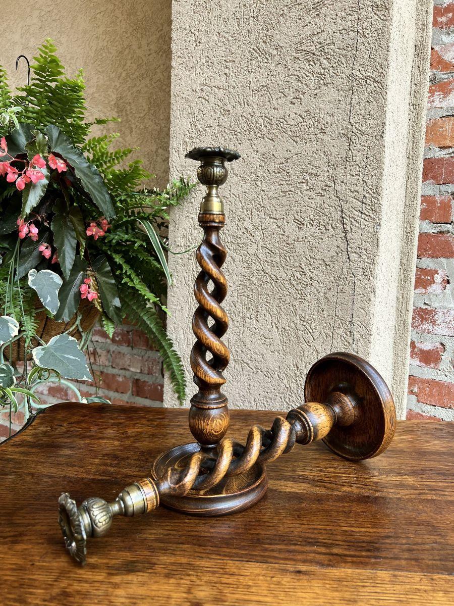 Pair Antique English Oak Open Barley Twist Candlesticks Candle Holder Brass In Good Condition For Sale In Shreveport, LA