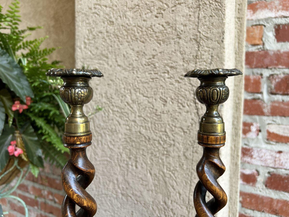 Early 20th Century Pair Antique English Oak Open Barley Twist Candlesticks Candle Holder Brass For Sale