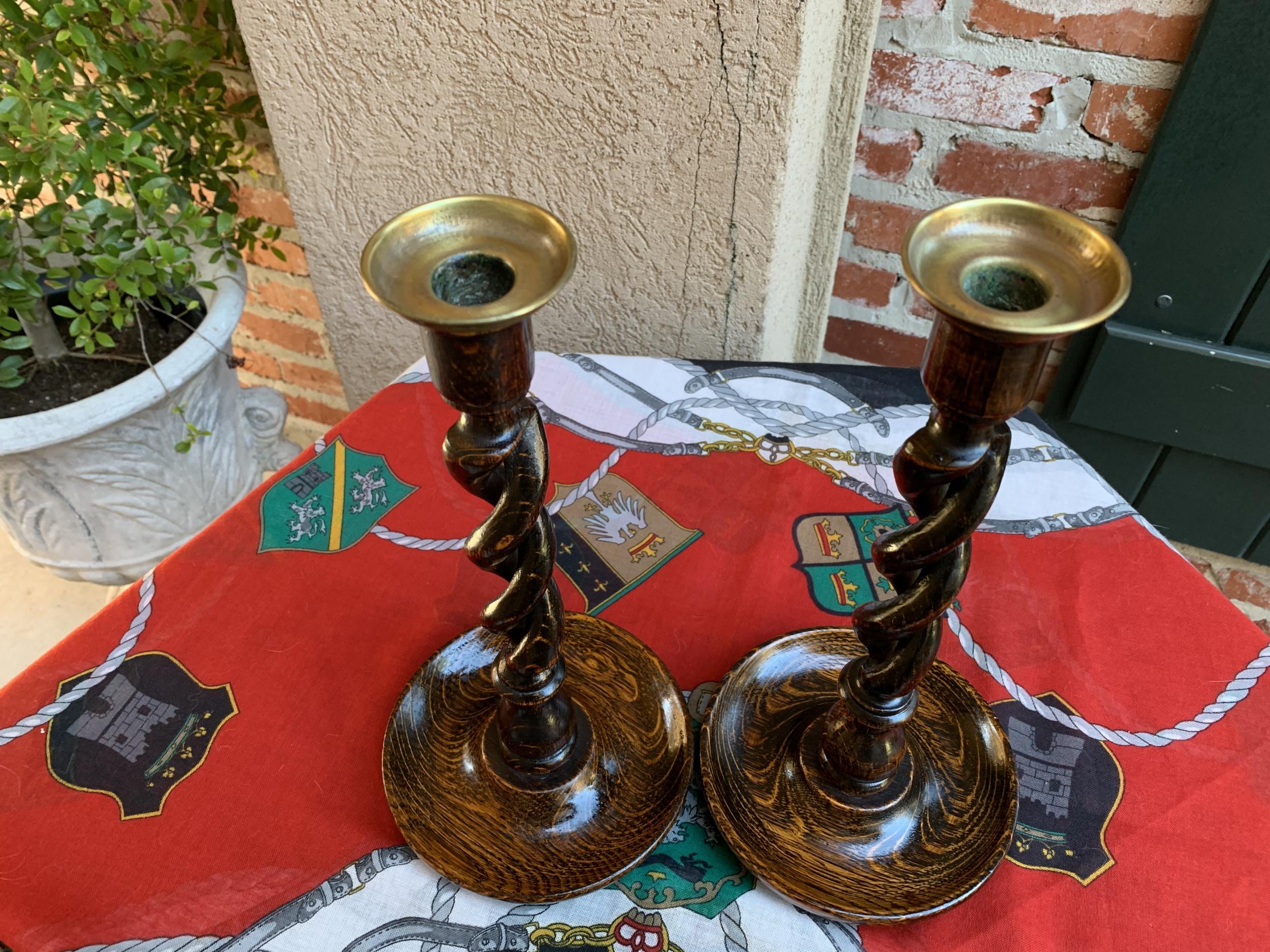 Pair of Antique English Oak Open Barley Twist Candlesticks Candleholder Brass 1