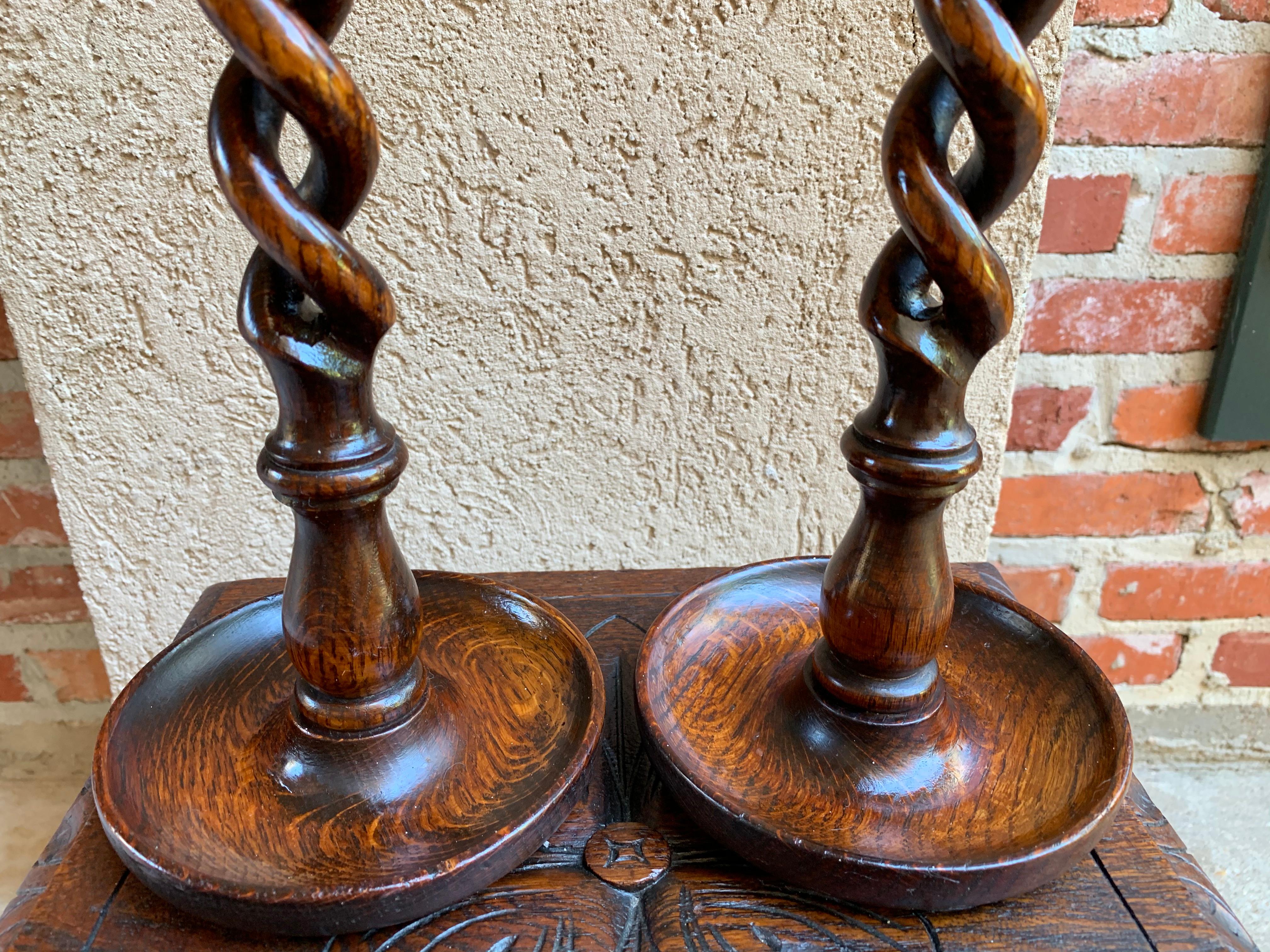 Pair of Antique English Oak Open Barley Twist Candlesticks Candleholder Brass 2