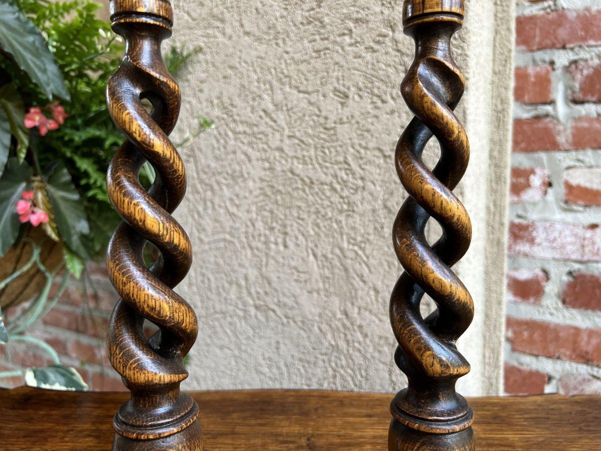 Pair Antique English Oak Open Barley Twist Candlesticks Candle Holder Brass For Sale 1