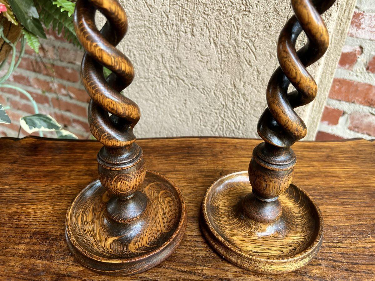 Pair Antique English Oak Open Barley Twist Candlesticks Candle Holder Brass For Sale 2