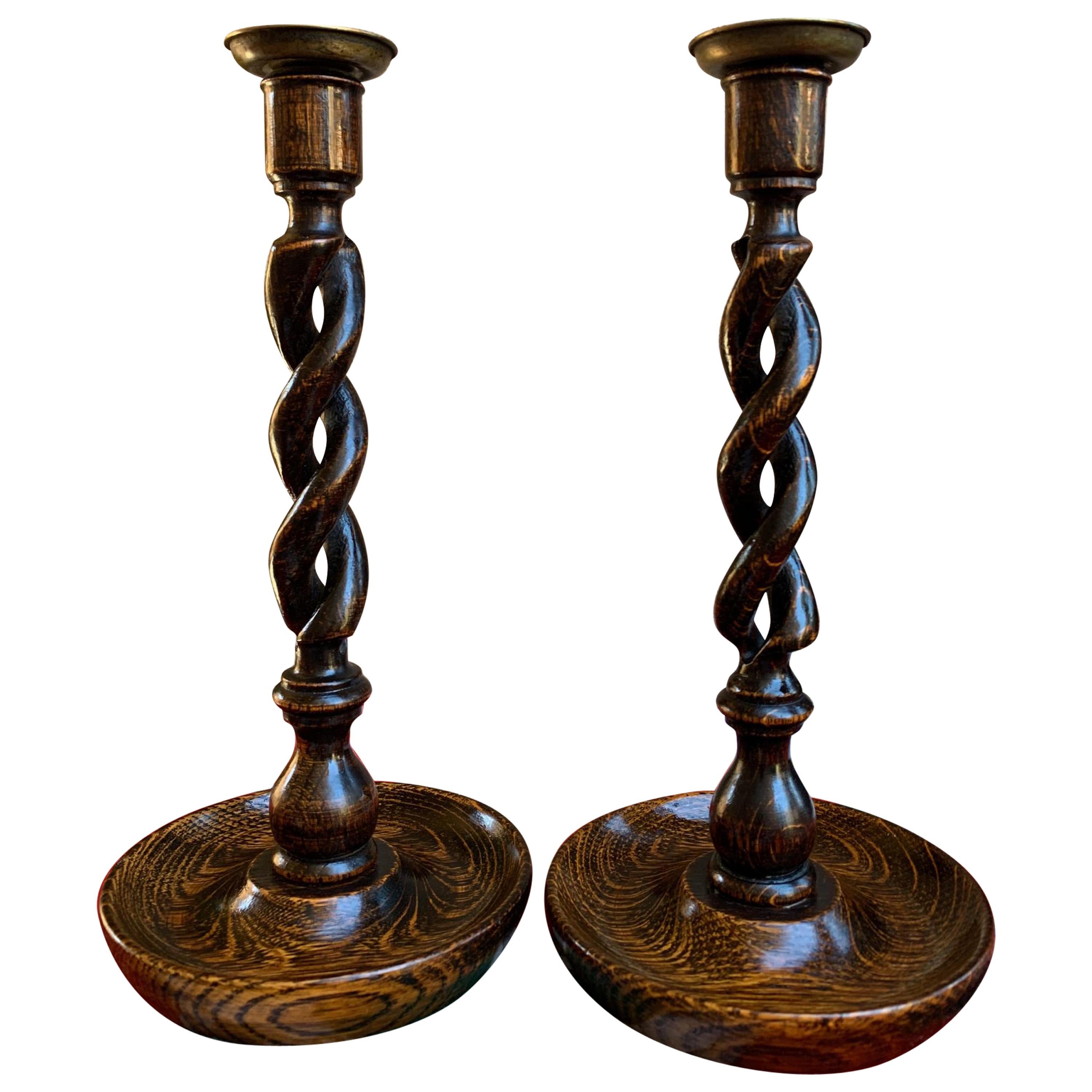 Pair of Antique English Oak Open Barley Twist Candlesticks Candleholder Brass