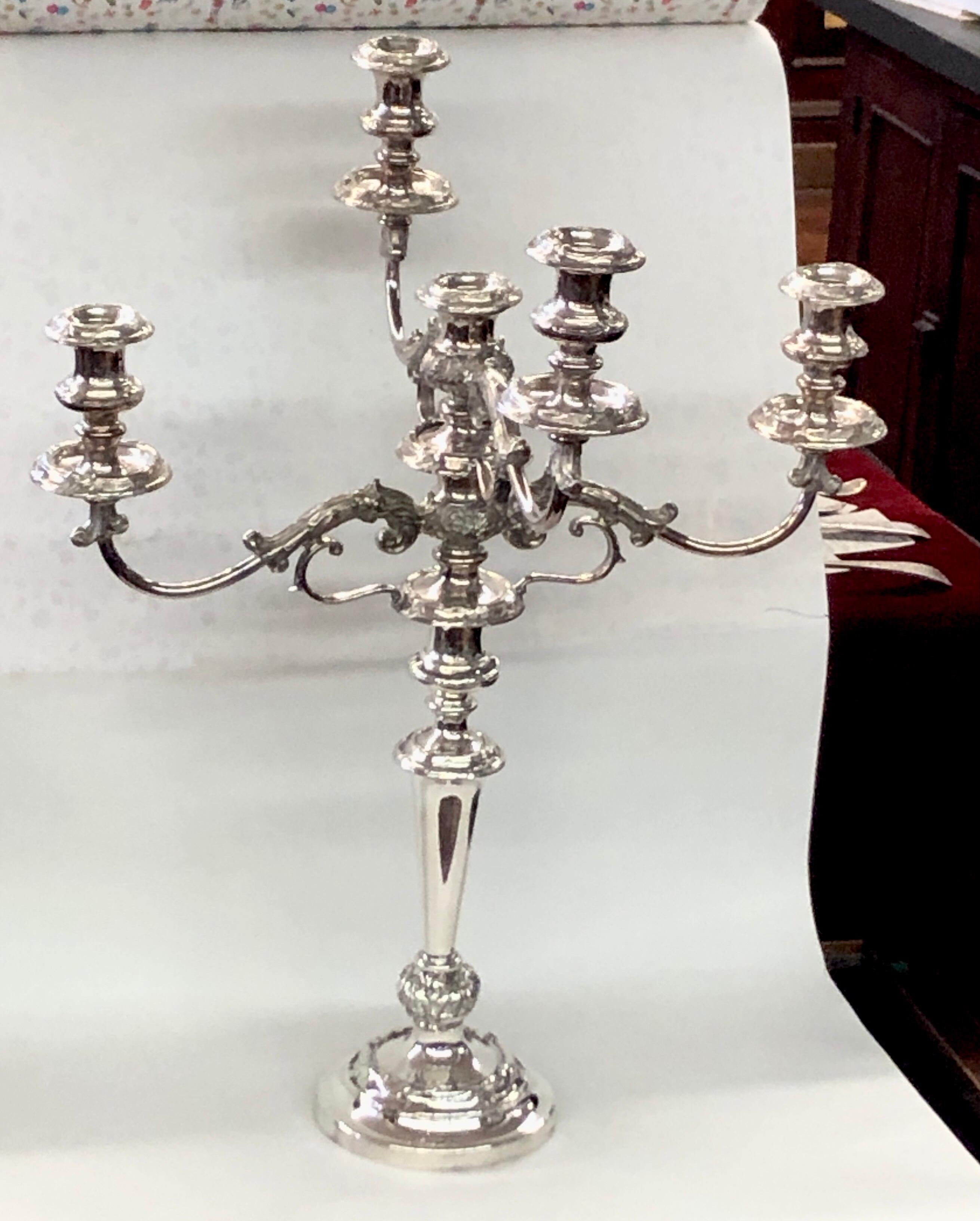 Silver Pair Antique English Old Sheffield Plate Rococo 3-Light Candelabra For Sale
