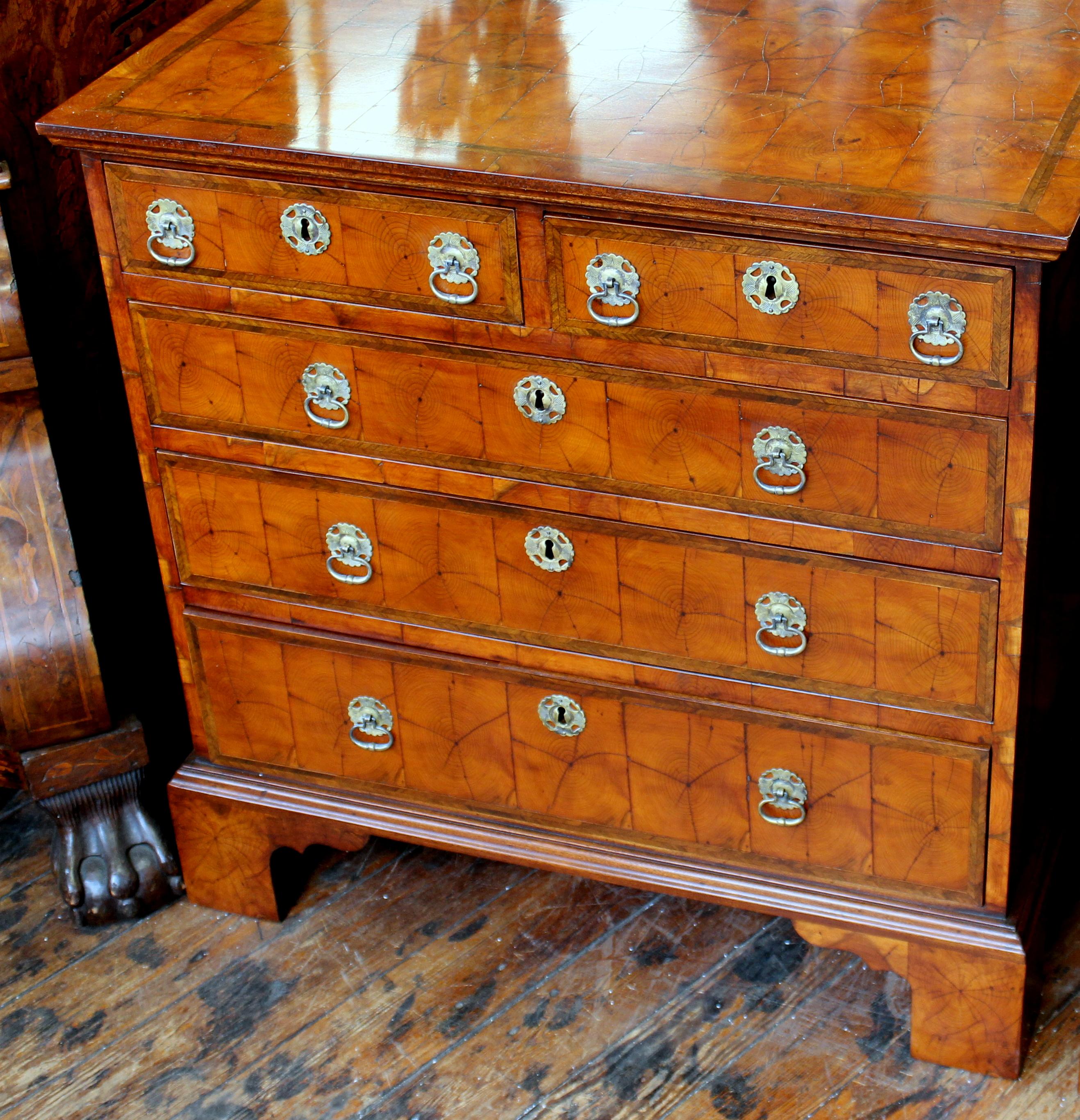 19th Century Pair Antique English Oyster Veneer Yew Wood Queen Anne Revival Bachelor's Chests