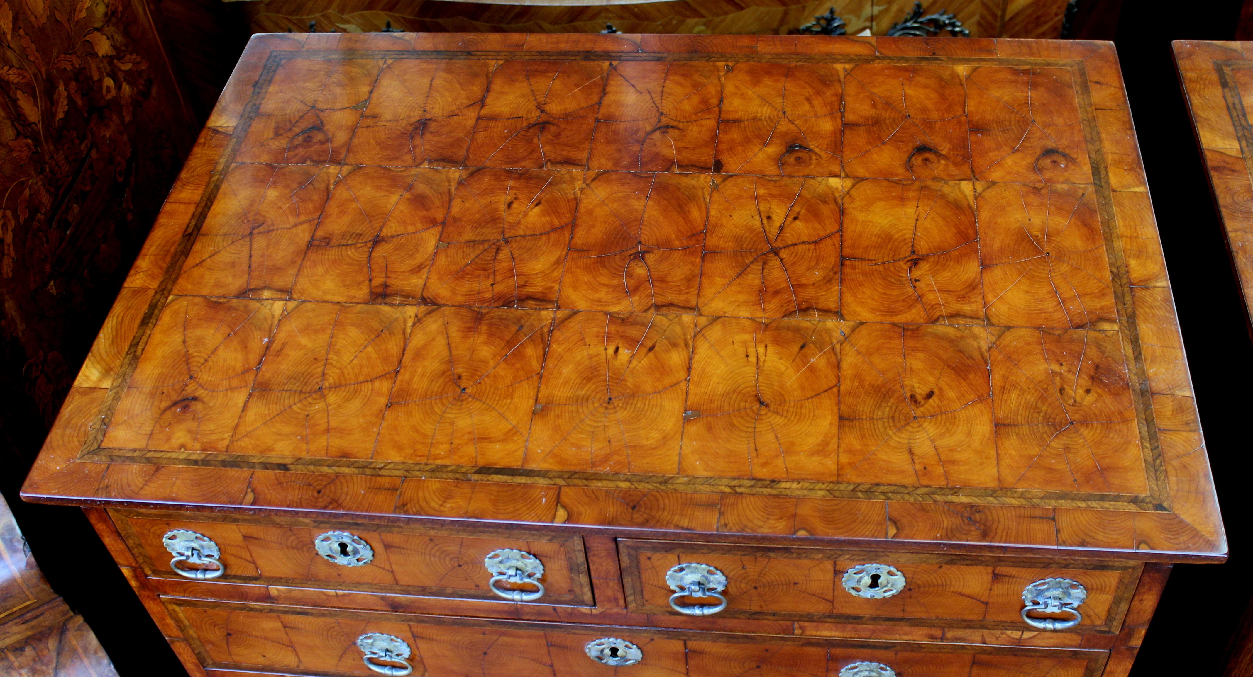 Pair Antique English Oyster Veneer Yew Wood Queen Anne Revival Bachelor's Chests 1