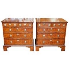 Pair Antique English Oyster Veneer Yew Wood Queen Anne Revival Bachelor's Chests