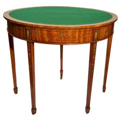 Pair Antique English Painted Satinwood Demi-Lune Console Tables, Circa 1890.