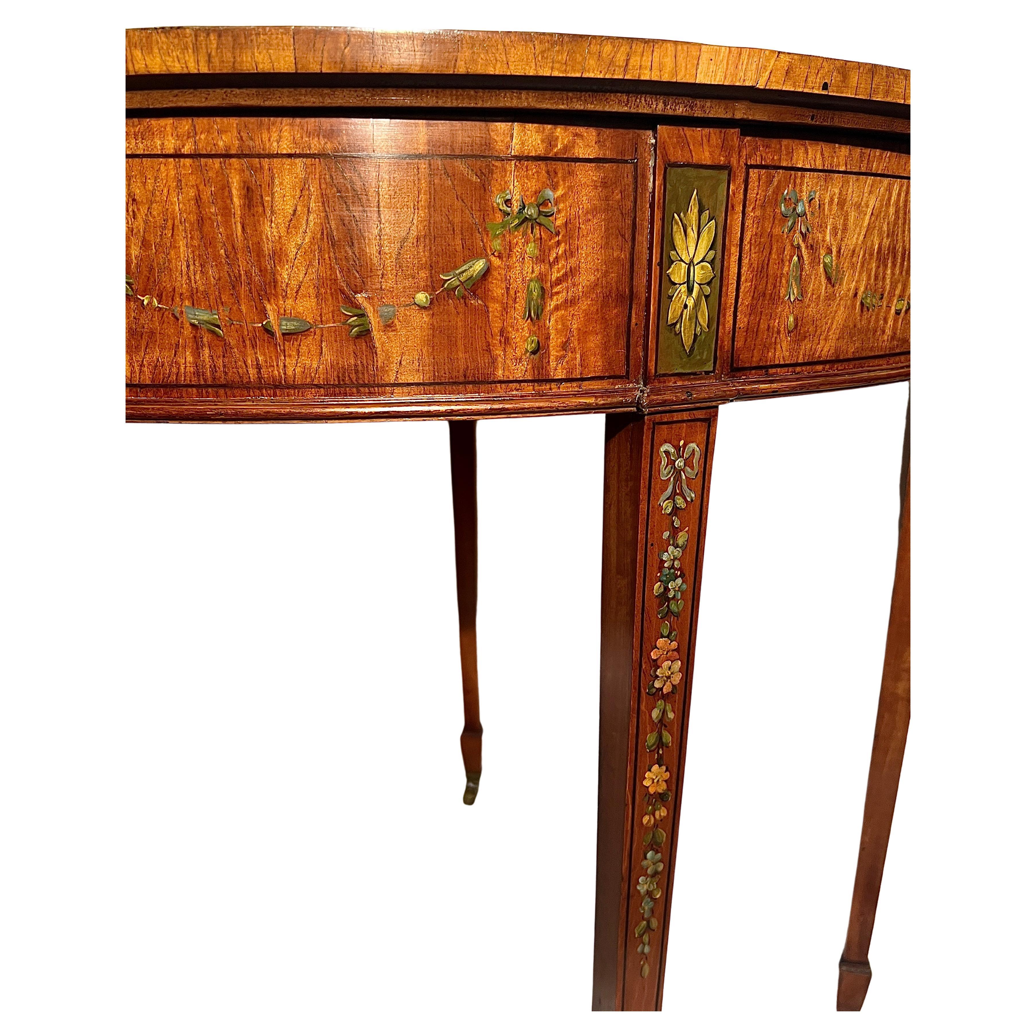 Pair Antique English Painted Satinwood Demi-Lune Console Tables, Circa 1890. For Sale 3