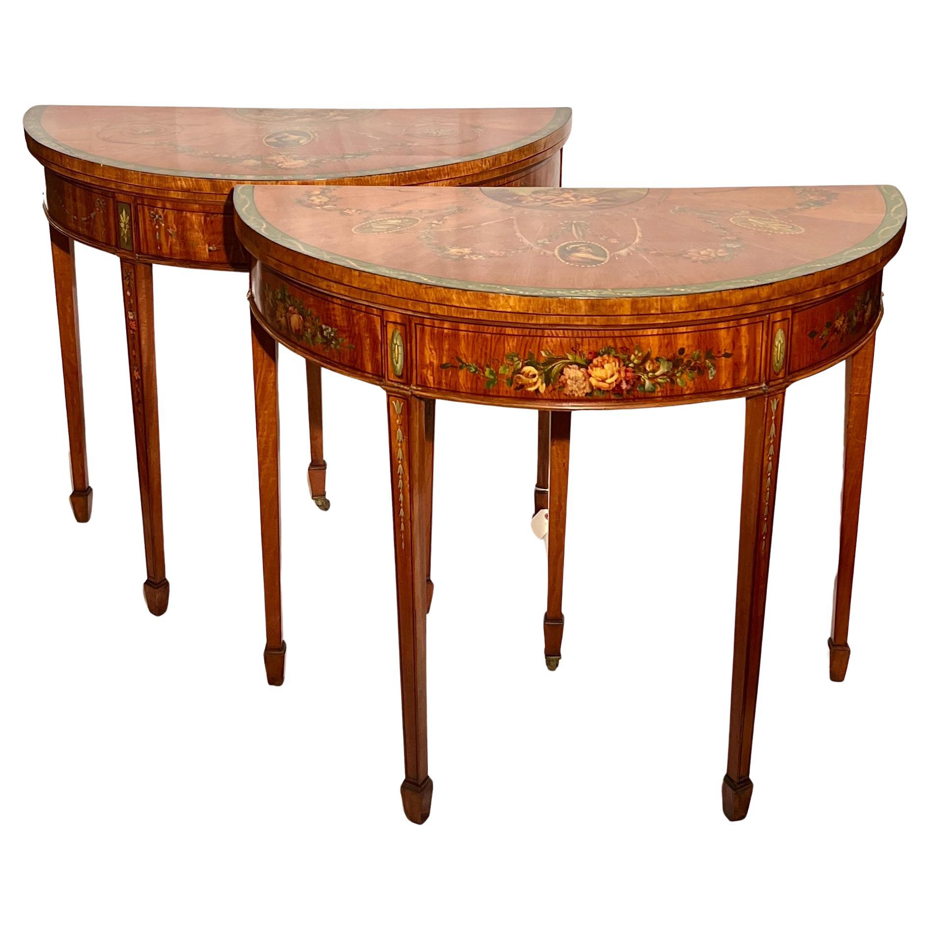 Pair Antique English Painted Satinwood Demi-Lune Console Tables, Circa 1890.