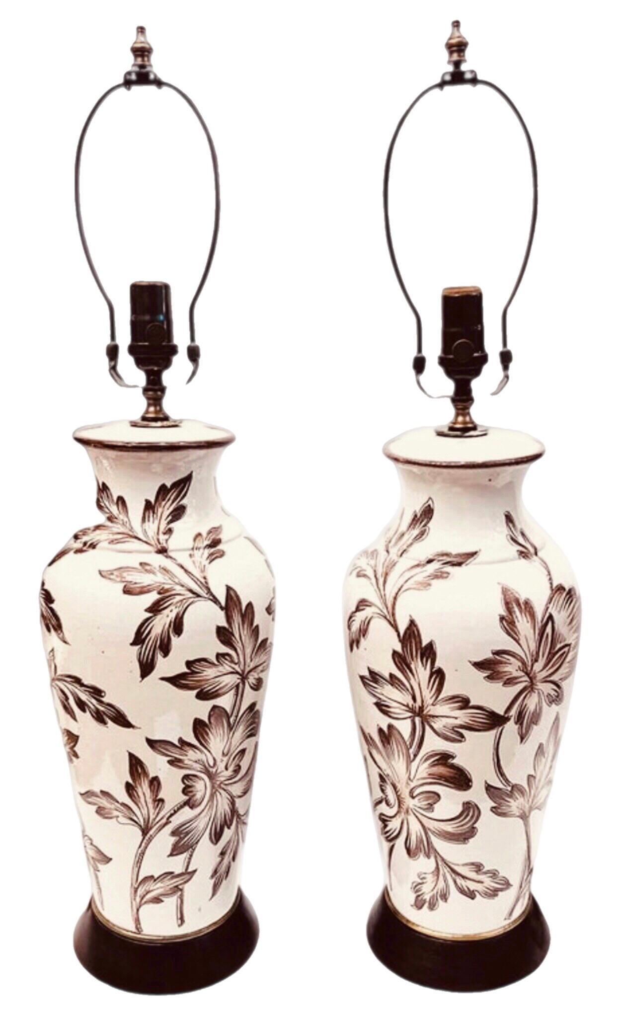 Pair Antique English Porcelain Lamps with Hand Painted Victorian Floral Design For Sale 5