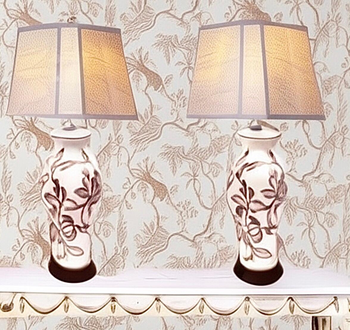 Pair of Elegant, Porcelain, Glazed, Hand Painted Floral Victorian English Lamps 

This Sophisticated, Ginger-Jar Shaped Pair, creates a soft neutral, yet dramatic light source. The set is complemented by soft brown, hand painted, undulating leaves,