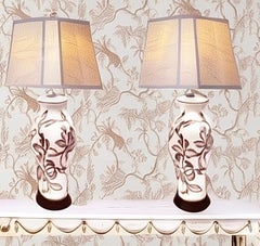 Pair Antique English Victorian Regency Lamps Hand Painted Tropical Floral Design