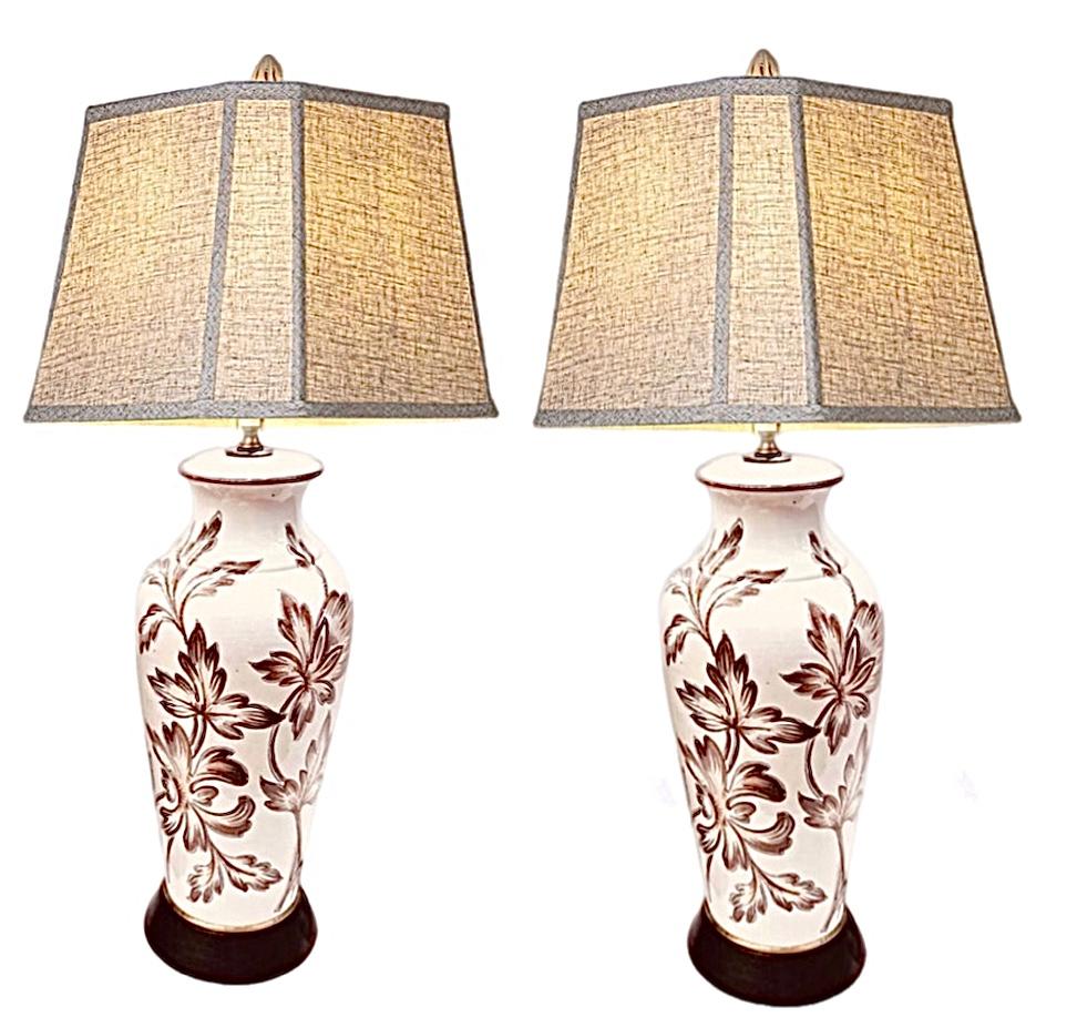 Pair Antique English Porcelain Lamps with Hand Painted Victorian Floral Design For Sale 2