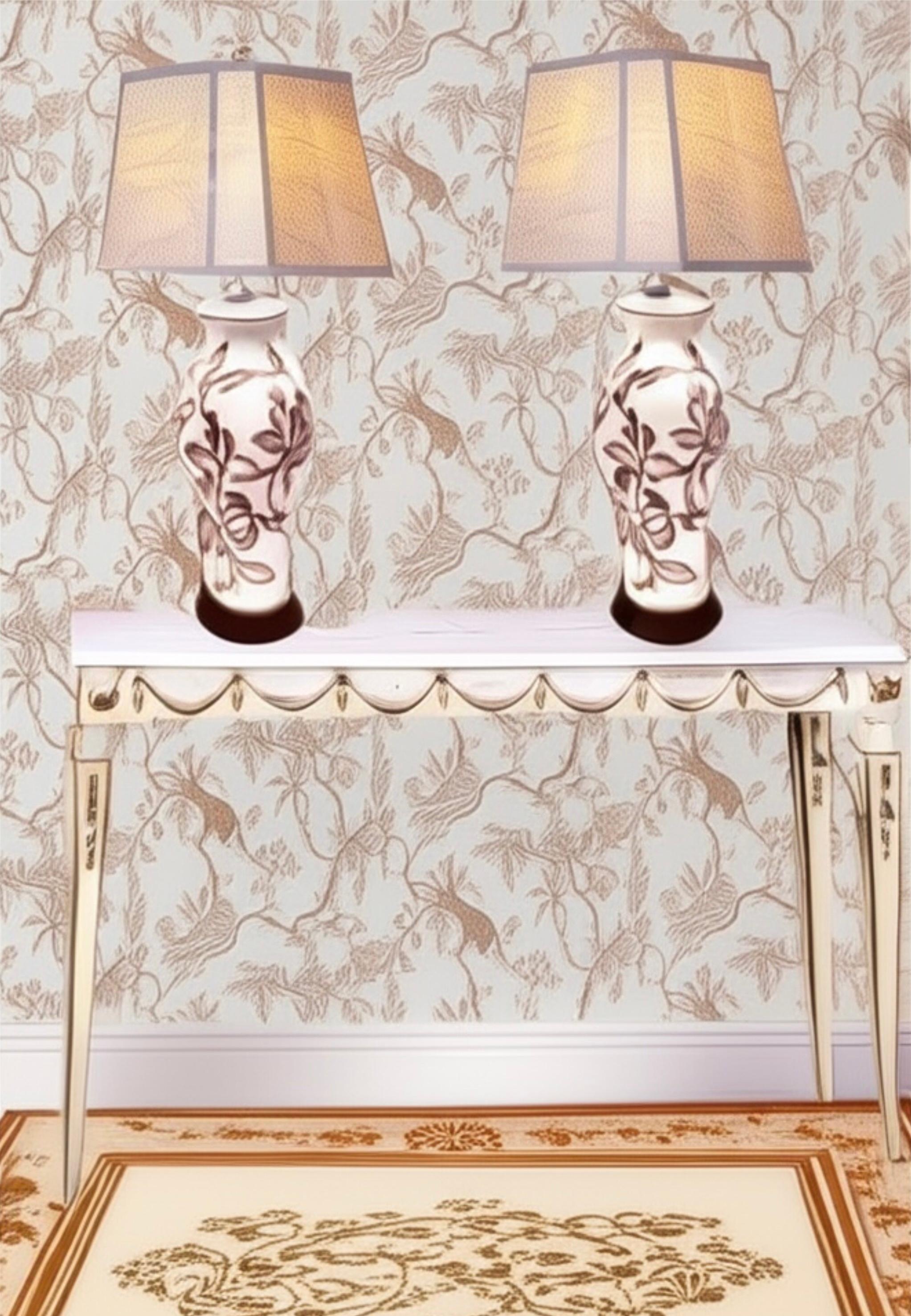 Pair Antique English Porcelain Lamps with Hand Painted Victorian Floral Design For Sale 3