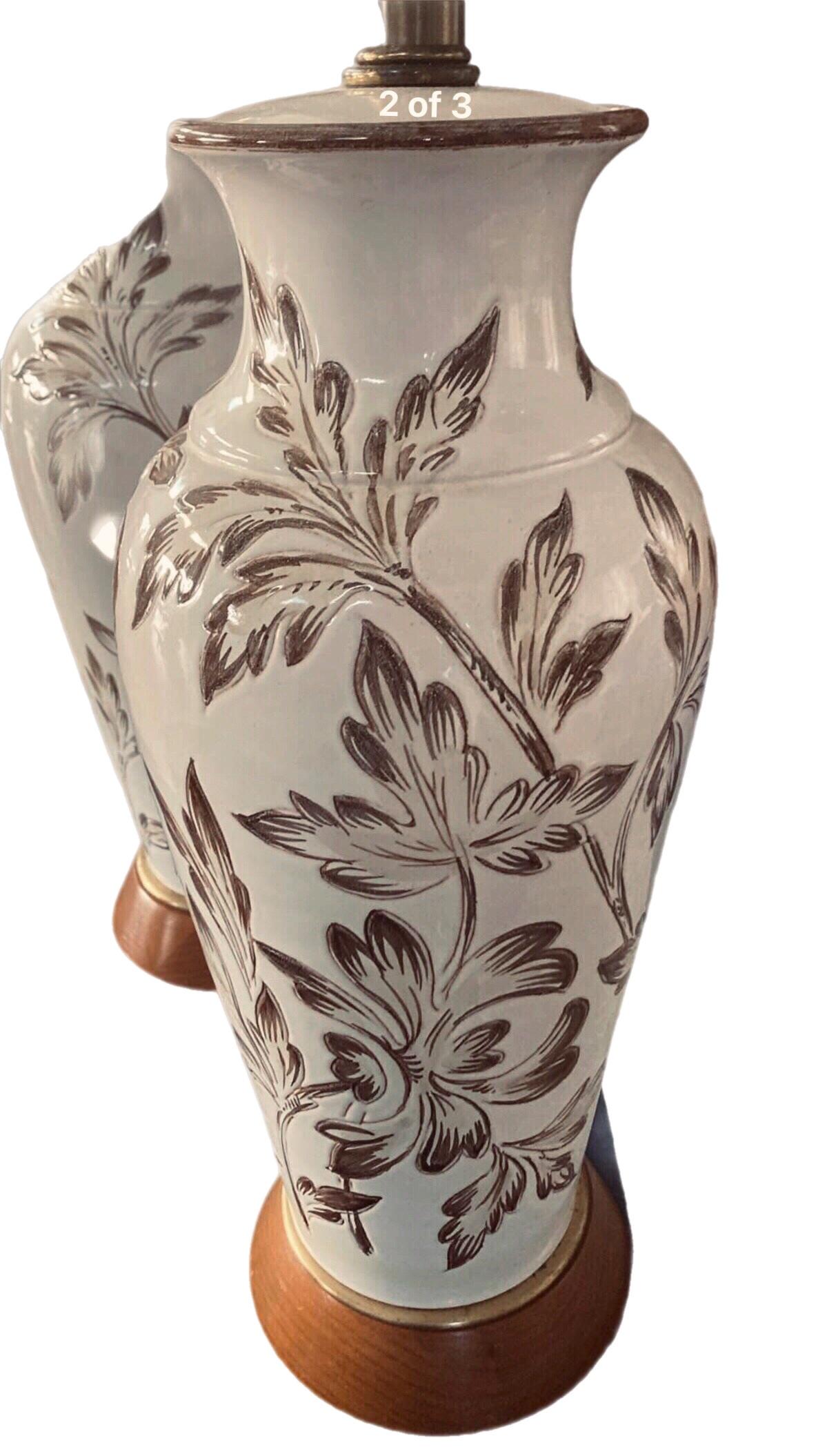 Pair Antique English Porcelain Lamps with Hand Painted Victorian Floral Design For Sale 4