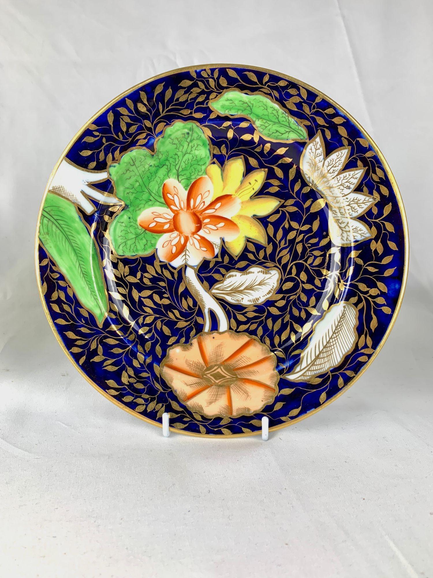 Regency Pair Antique English Porcelain Plates Cobalt Blue with Botanical Motifs C-1810