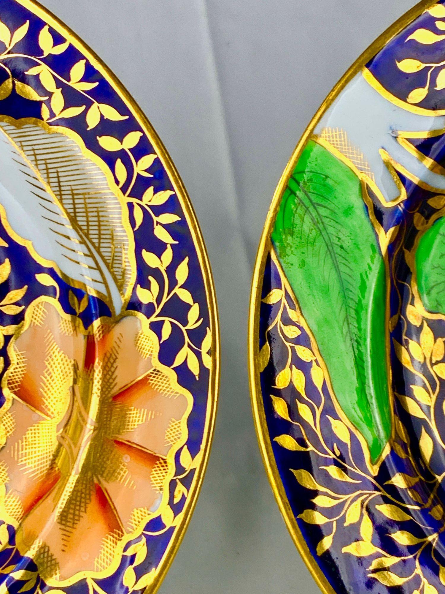 Hand-Painted Pair Antique English Porcelain Plates Cobalt Blue with Botanical Motifs C-1810