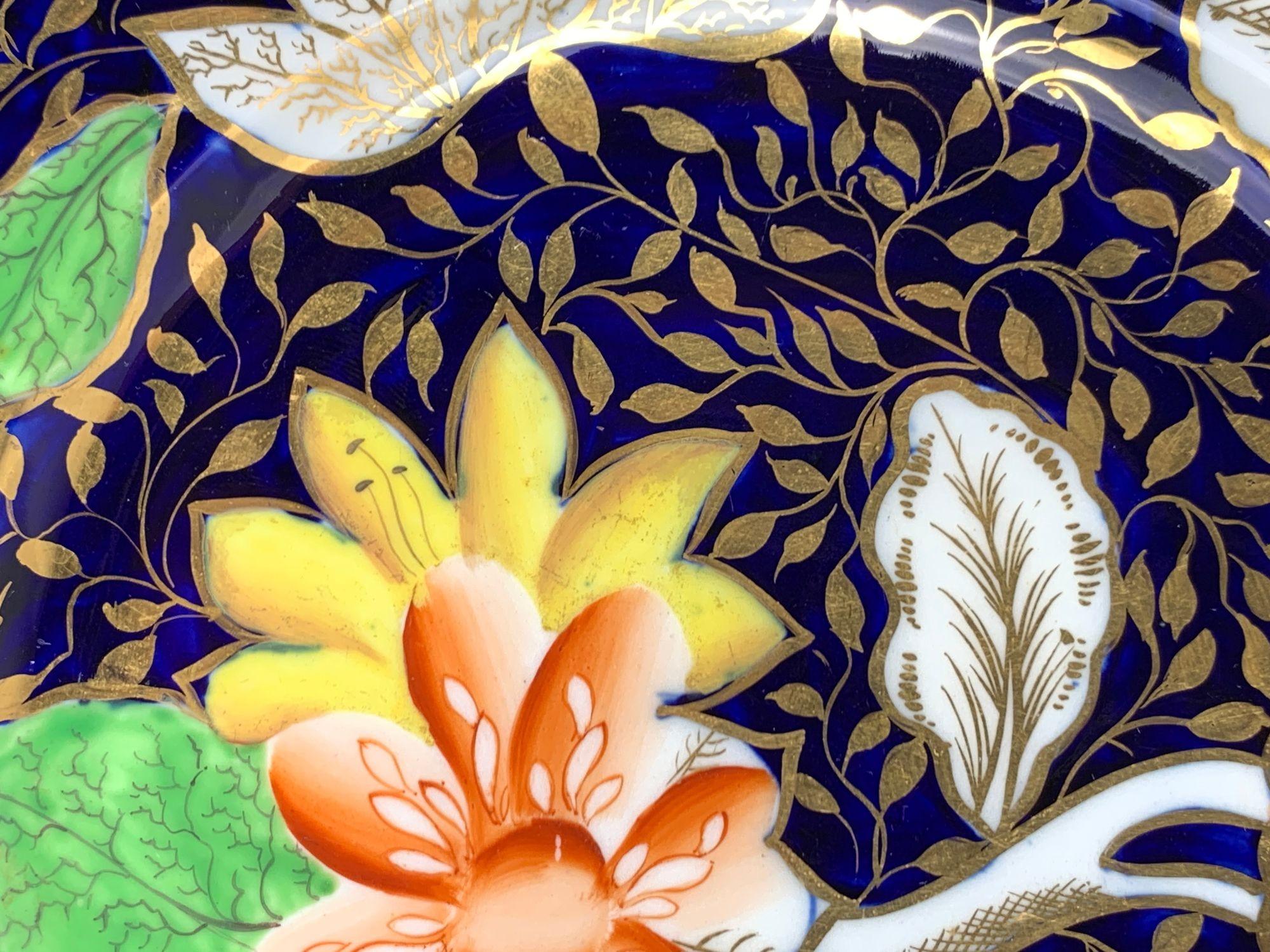 Pair Antique English Porcelain Plates Cobalt Blue with Botanical Motifs C-1810 1