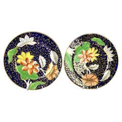 Pair Antique English Porcelain Plates Cobalt Blue with Botanical Motifs C-1810