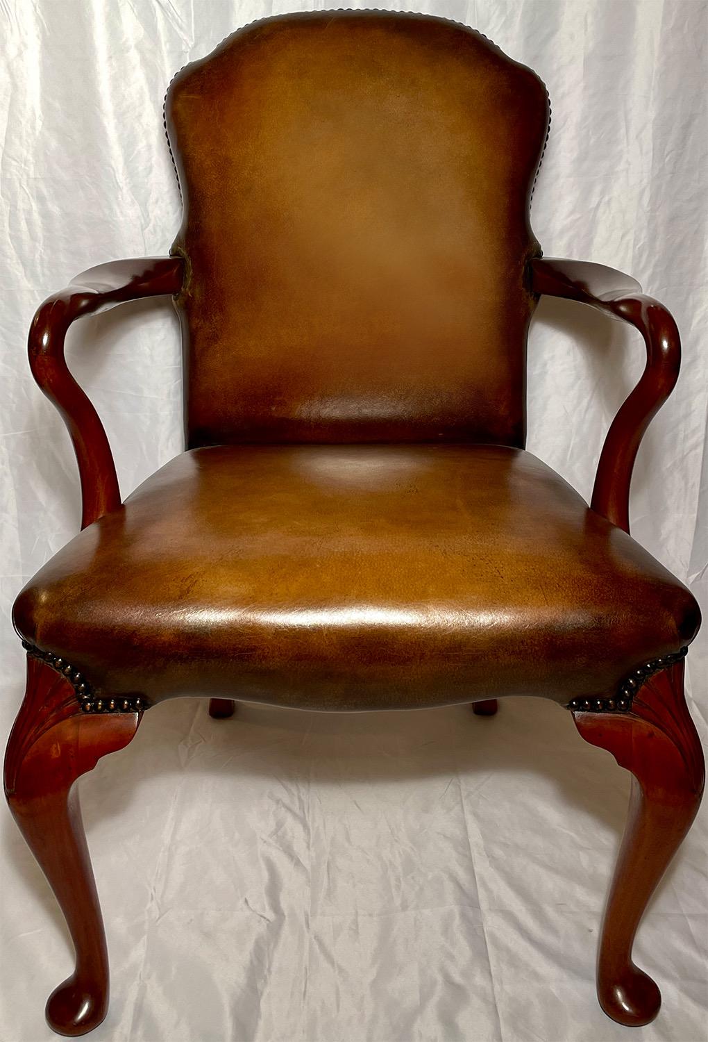 Pair antique English Queen Anne Mahogany armchairs with new leather, Circa 1890.