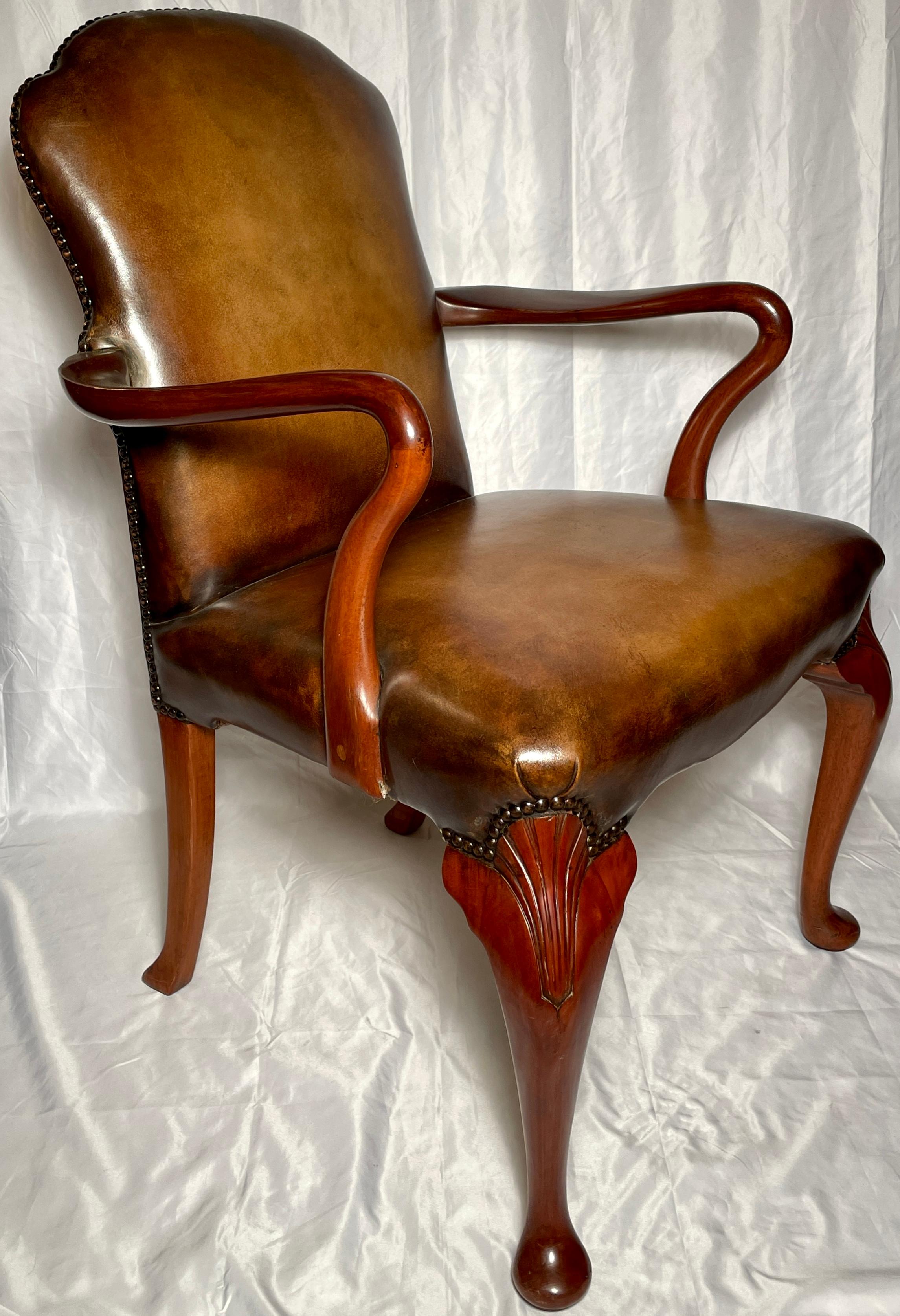 Pair Antique English Queen Anne Mahogany Armchairs with New Leather, Circa 1890 In Good Condition For Sale In New Orleans, LA