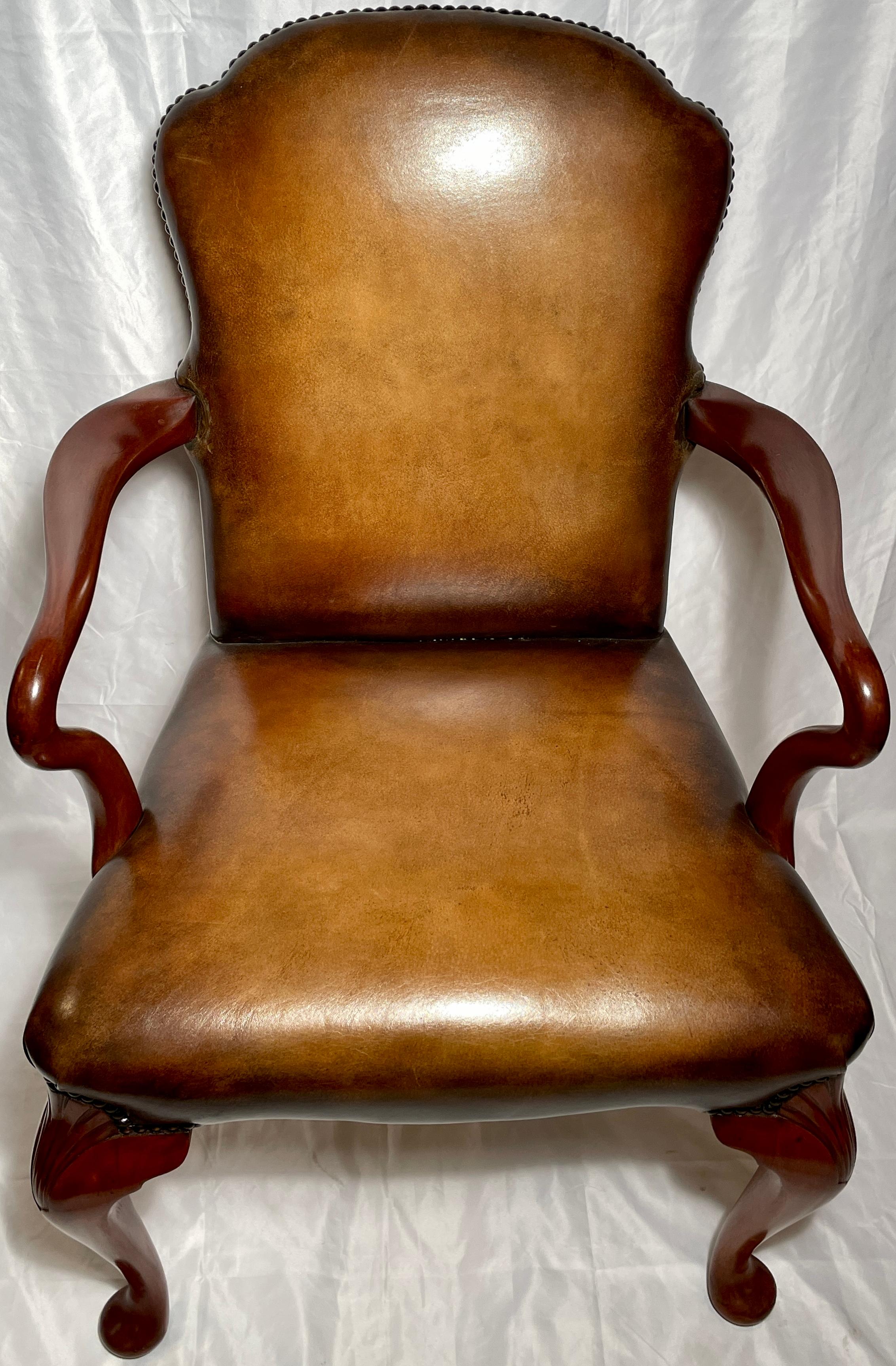 19th Century Pair Antique English Queen Anne Mahogany Armchairs with New Leather, Circa 1890 For Sale