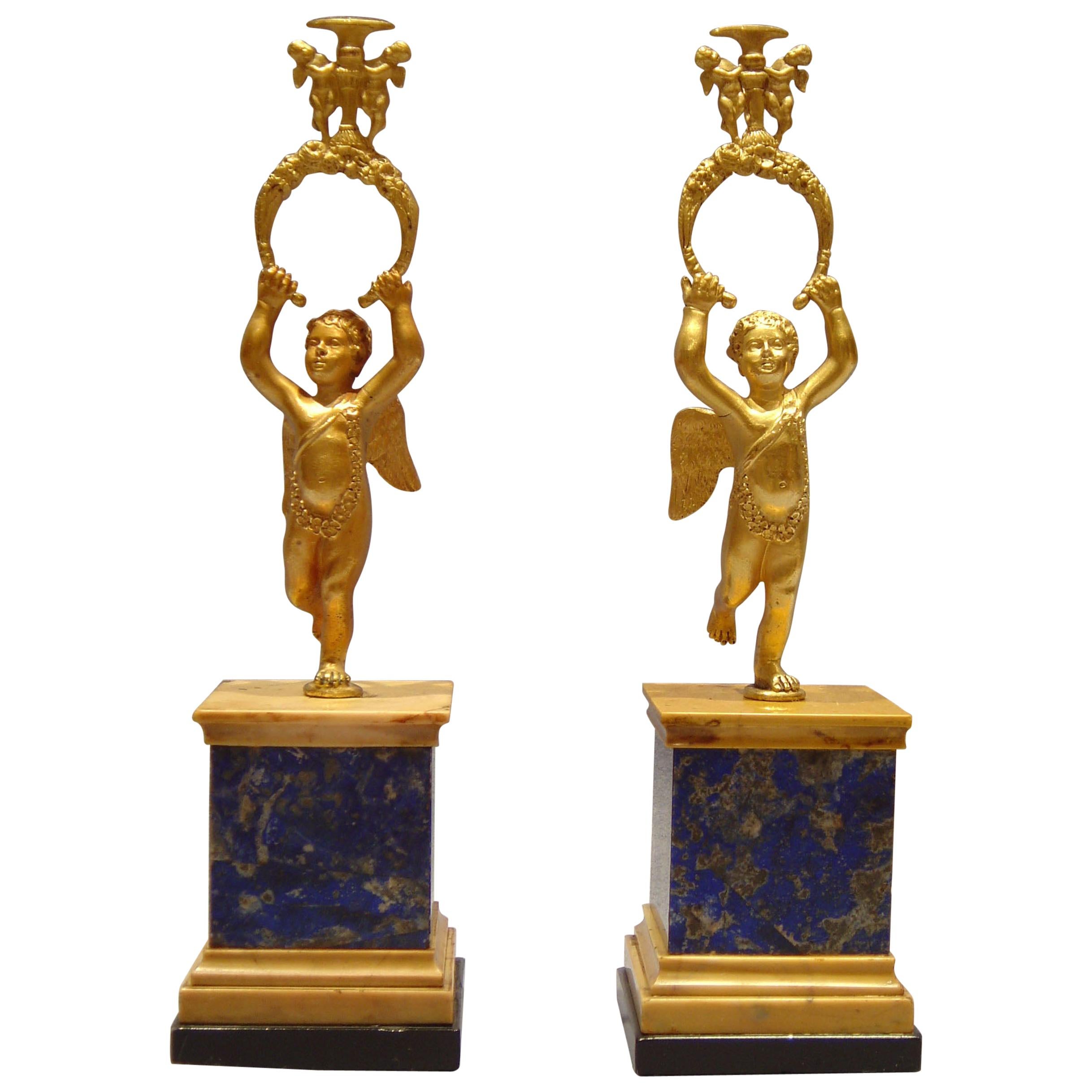 Pair Antique English Regency Lapis Lazuli and Ormolu Watch or Miniature Holders For Sale