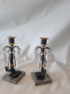 Pair antique English Regency lustre candlesticks in marble bronze and ormolu of