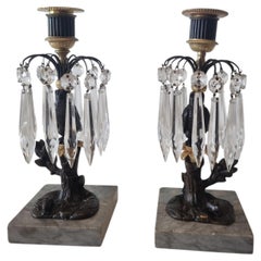 Pair antique English Regency lustre candlesticks in marble bronze and ormolu of