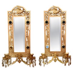 Pair Antique English Renaissance Style Gilded Iron & Crystal Sconces, Circa 1920