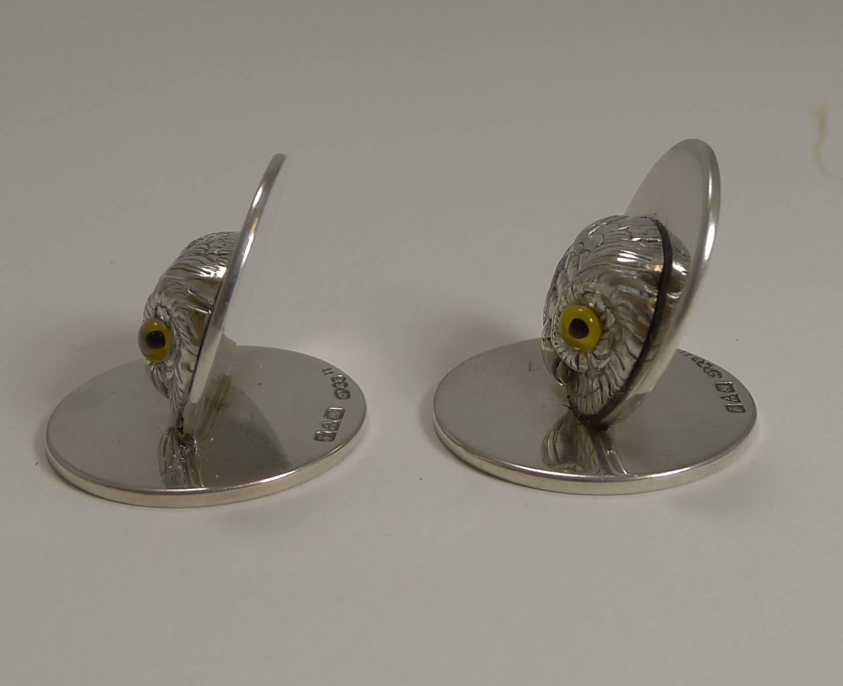 Pair of Antique English Sampson Mordan Sterling Silver Menu Holders, Owls For Sale 5