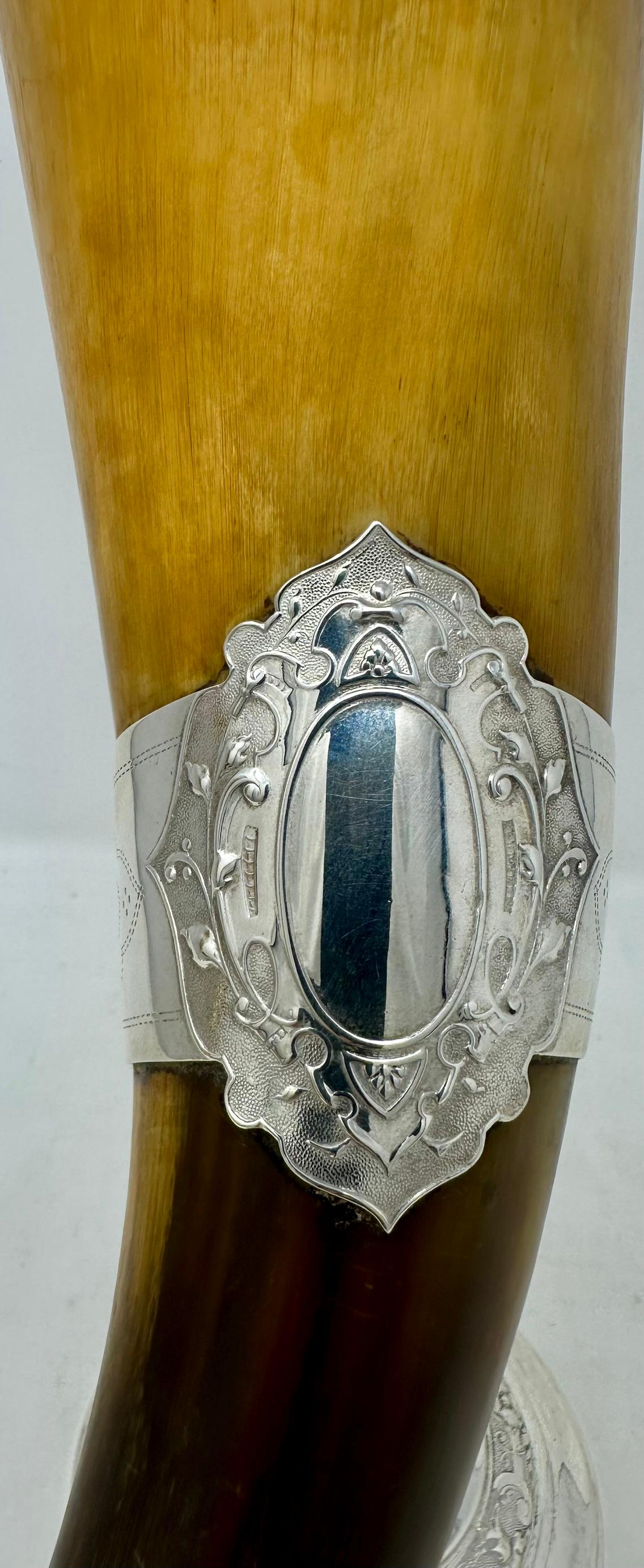 Pair Antique English Sheffield Silver Mounted Trophy Horns, Circa 1890. For Sale 7