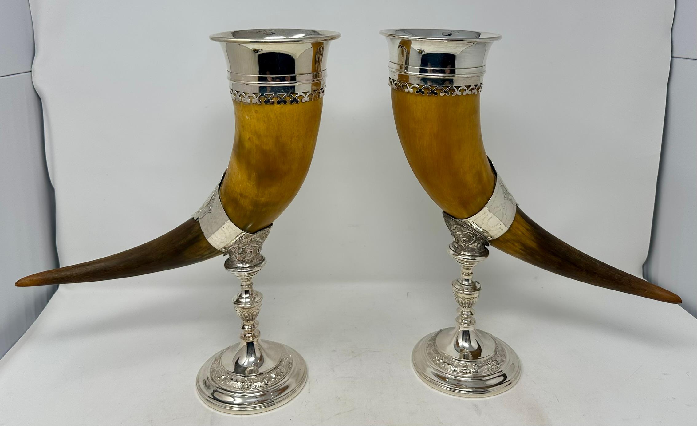 Pair Antique English Sheffield Silver Mounted Trophy Horns, Circa 1890. In Good Condition For Sale In New Orleans, LA
