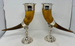 Pair Antique English Sheffield Silver Mounted Trophy Horns, Circa 1890.