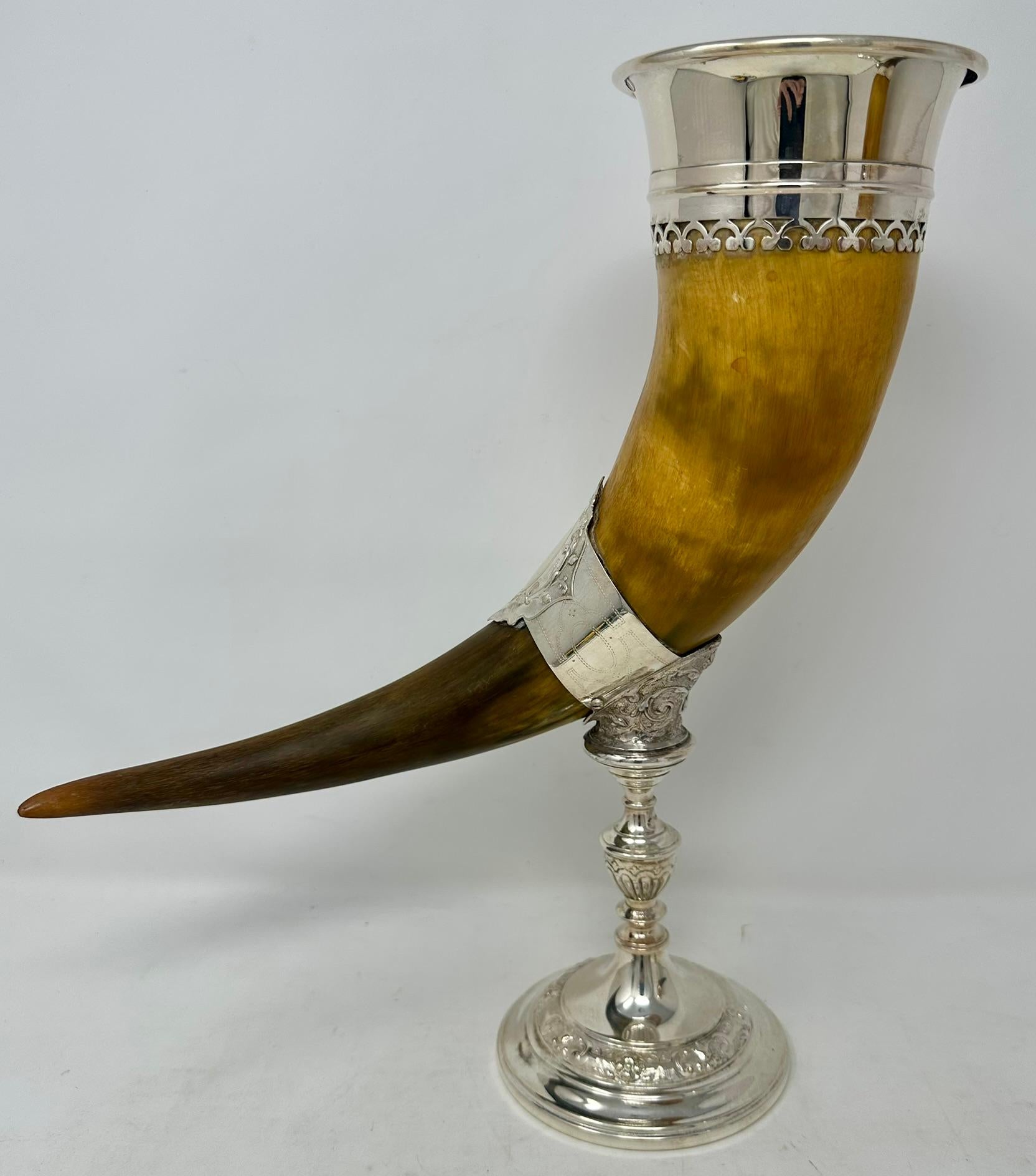 19th Century Pair Antique English Sheffield Silver Mounted Trophy Horns, Circa 1890. For Sale