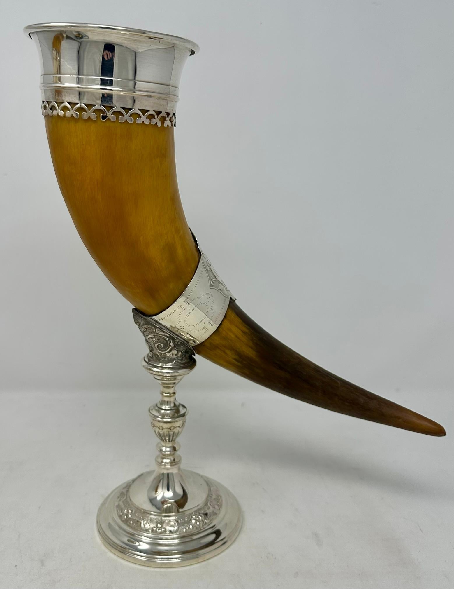 Pair Antique English Sheffield Silver Mounted Trophy Horns, Circa 1890. For Sale 1
