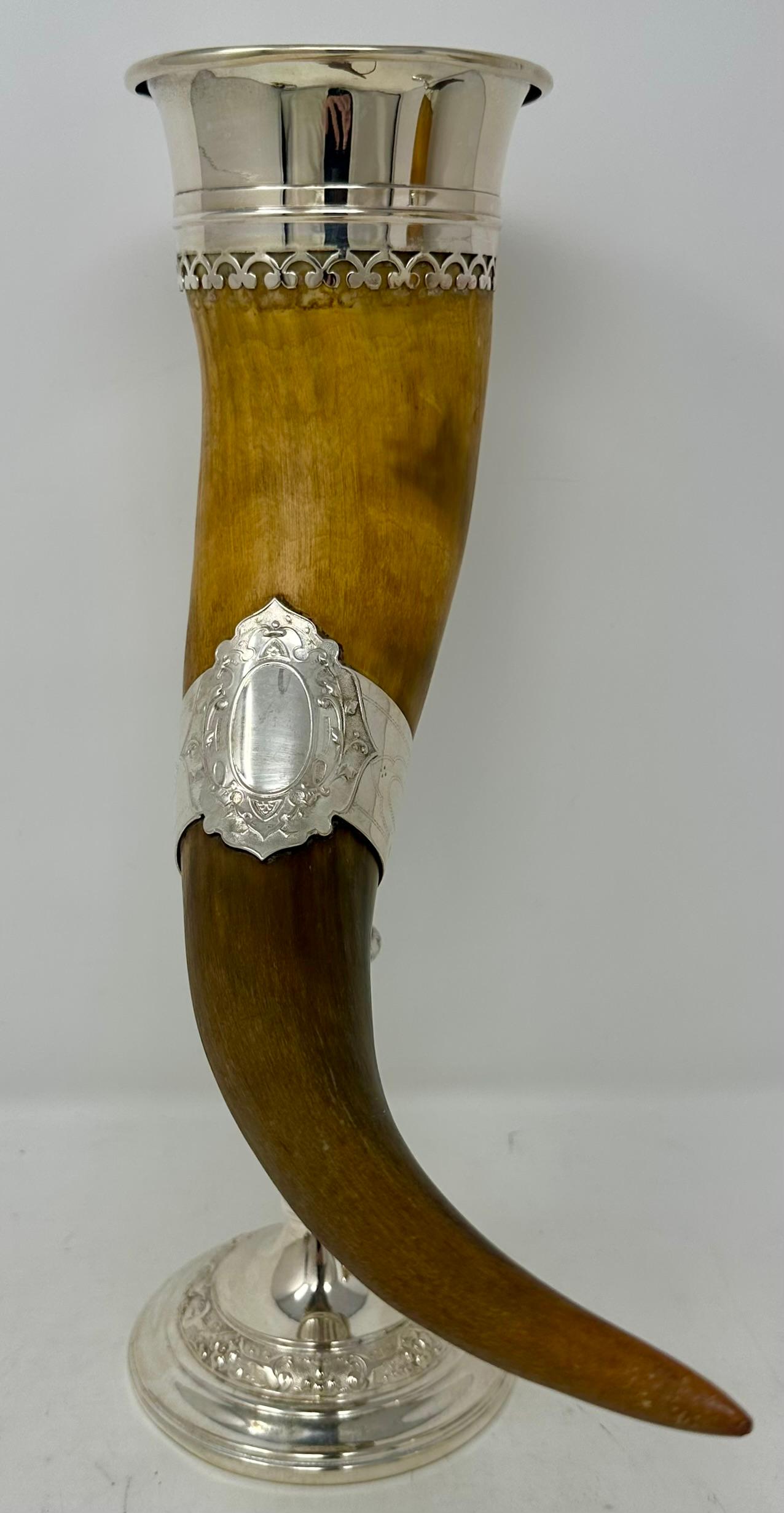 Pair Antique English Sheffield Silver Mounted Trophy Horns, Circa 1890. For Sale 2