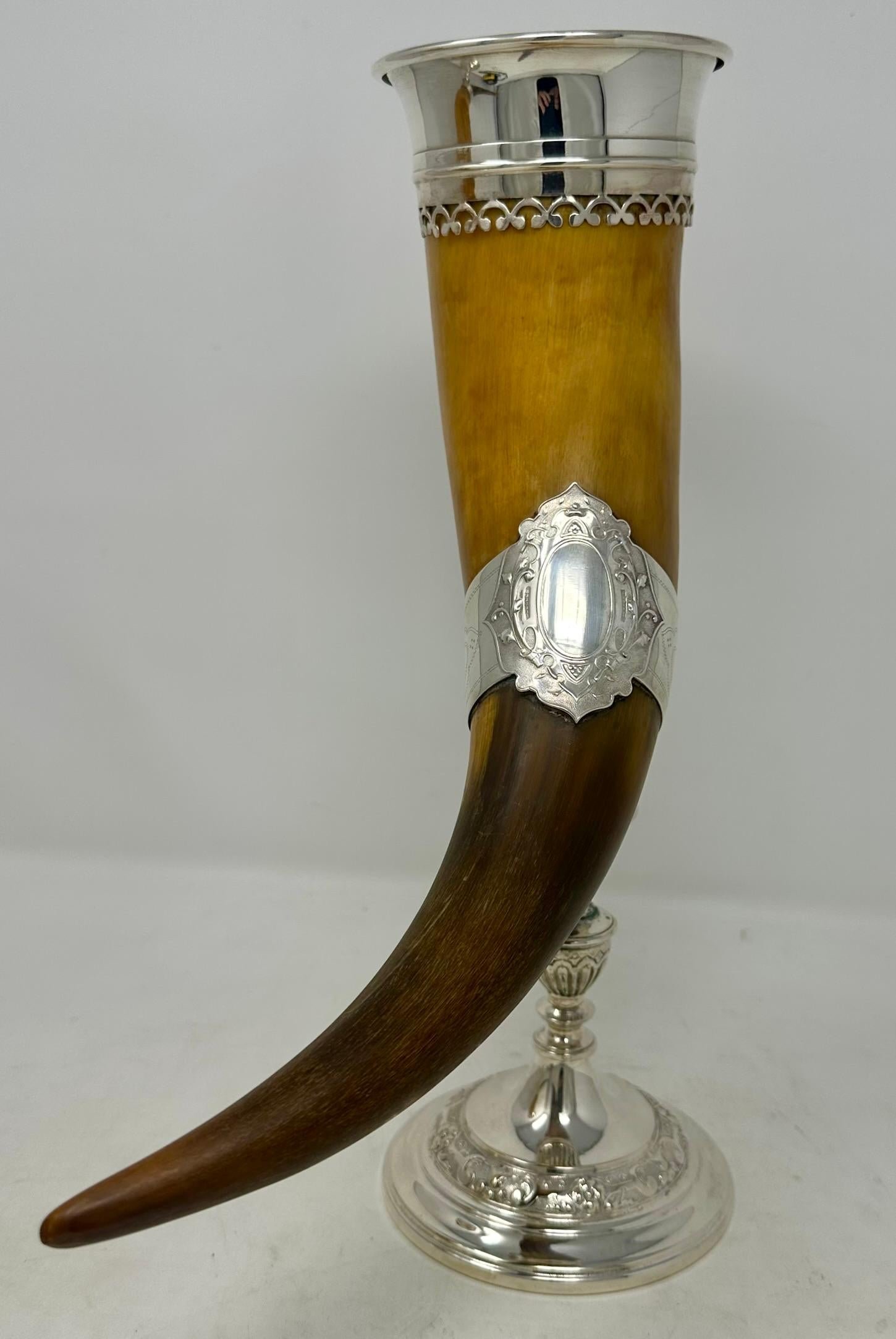 Pair Antique English Sheffield Silver Mounted Trophy Horns, Circa 1890. For Sale 3