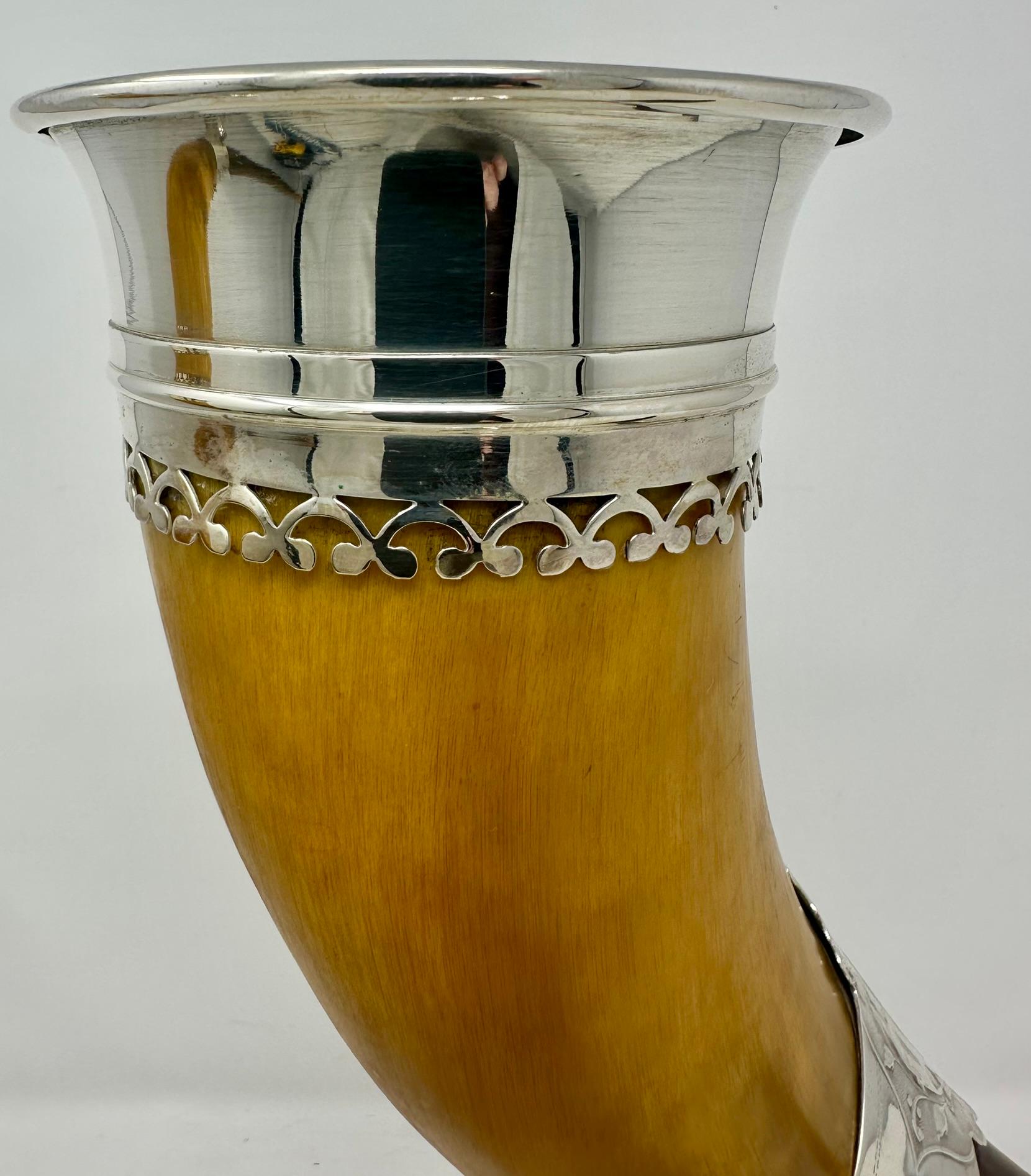 Pair Antique English Sheffield Silver Mounted Trophy Horns, Circa 1890. For Sale 4