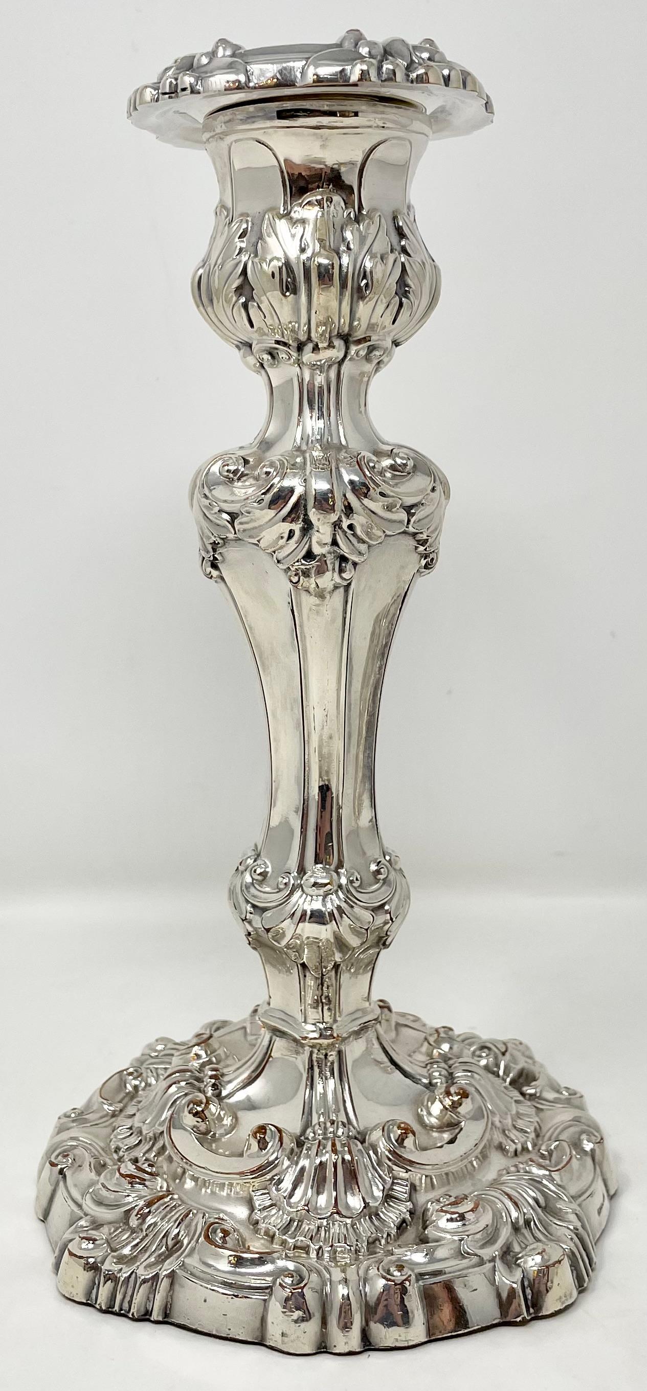 Pair antique English Sheffield silver-plated over copper 100 year old candlesticks.
