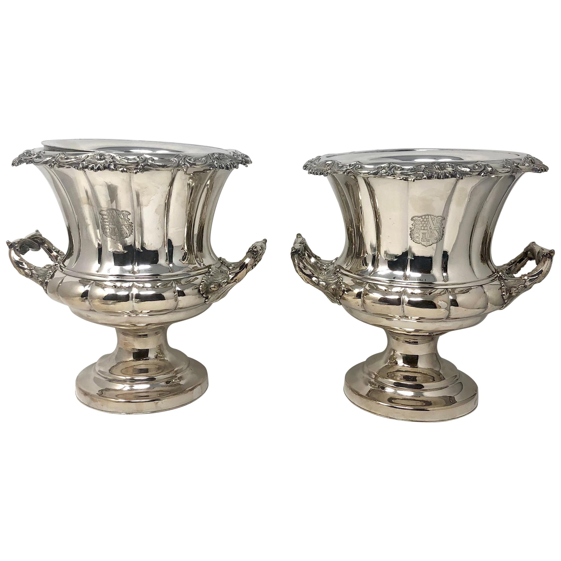Antique English Sheffield Silver Plated Champagne Buckets, circa 1880-1890, Pair