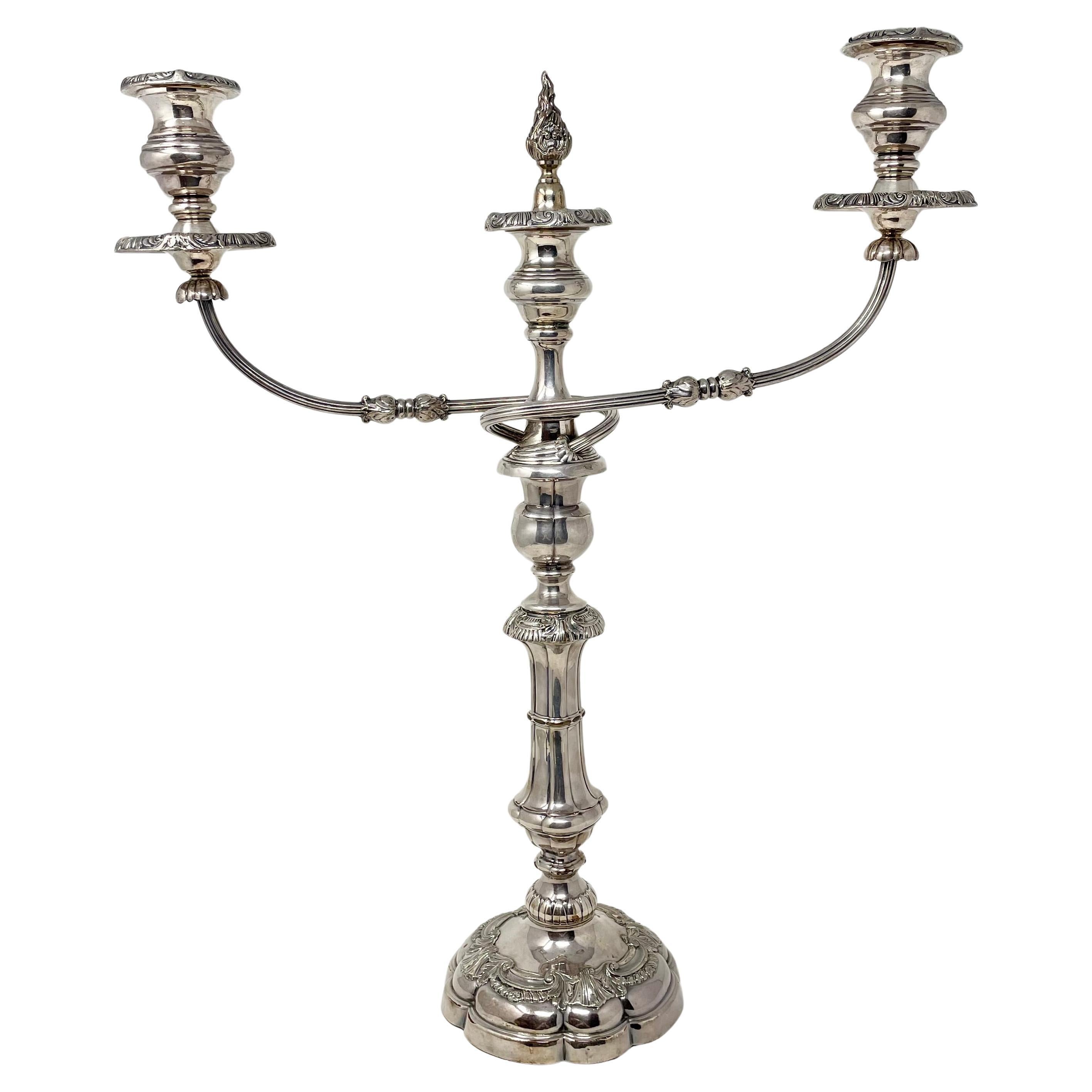 Pair antique English Sheffield silver-plated convertible candelabra, circa 1870.
Per the last 3 photos, these pieces convert from triple cup candelabra to single cup candlesticks.