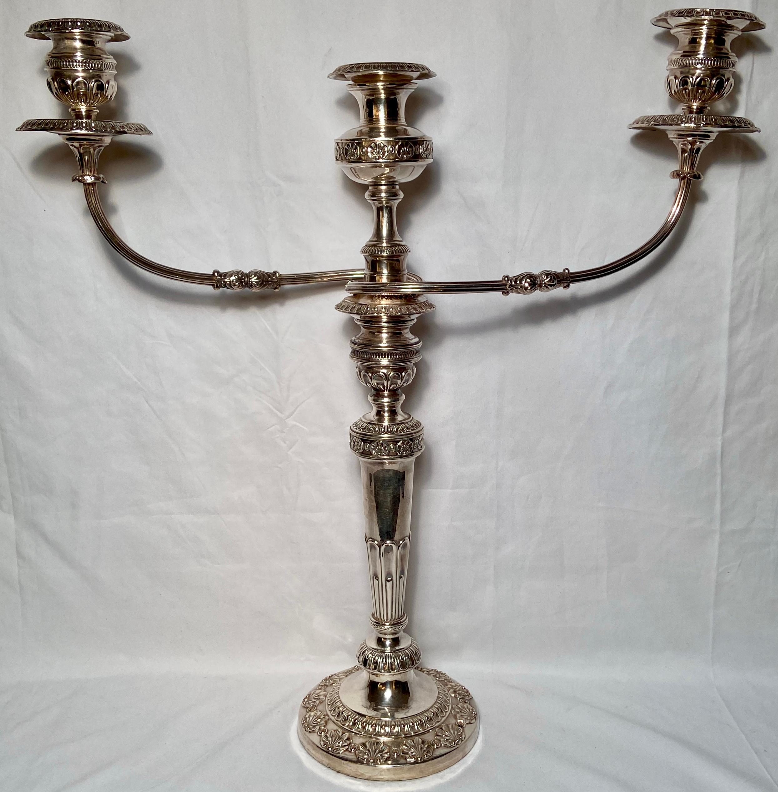 Pair large Antique Sheffield silver-plated convertible candelabra, Circa 1880-1890. Converts from 3 cup candelabra to single cup candlesticks.