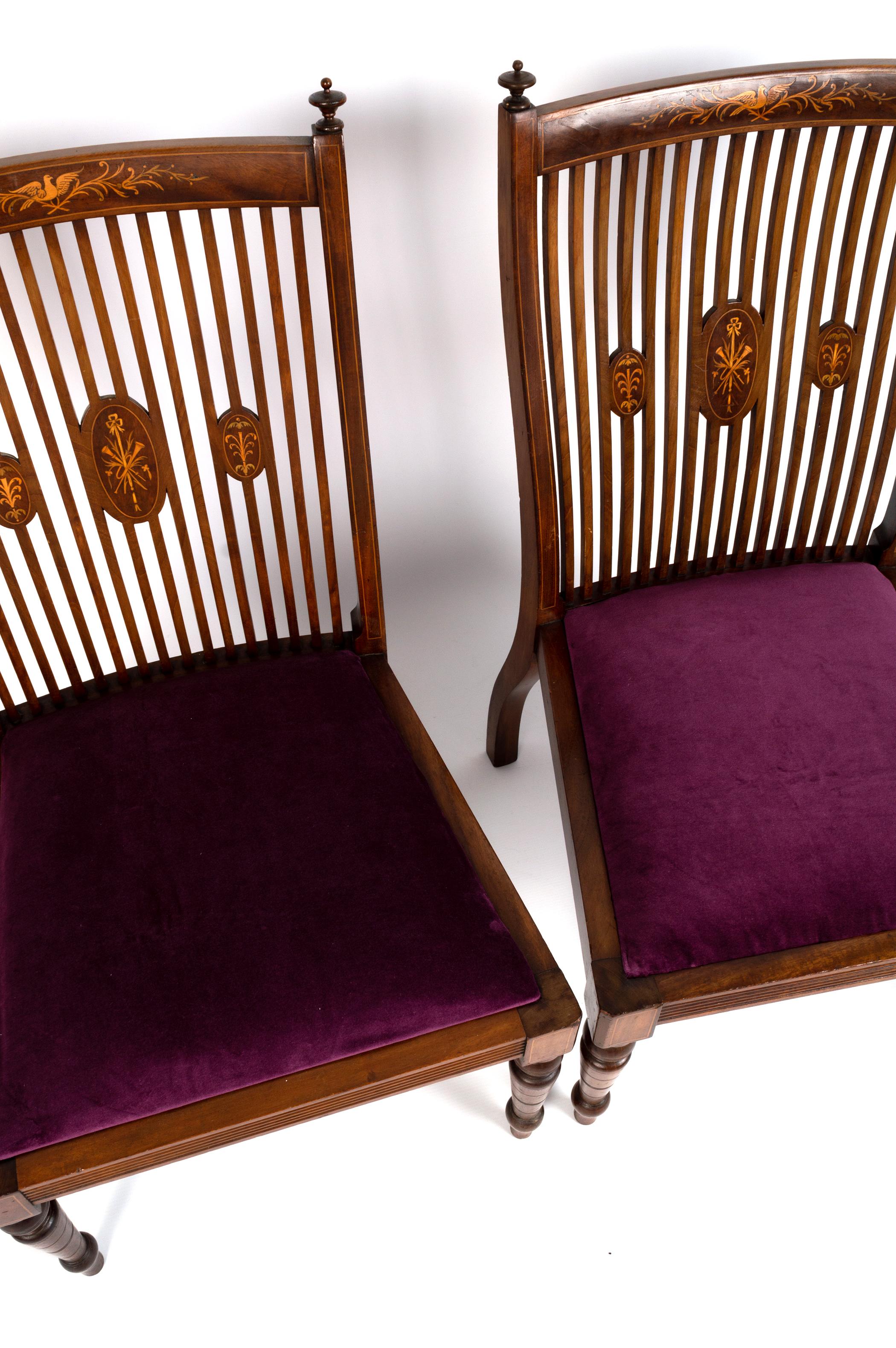 A Pair of Antique English Sheraton Revival Hall Chairs 
England C.1900.
Satinwood Inlaid Mahogany with upholstered seats.
 