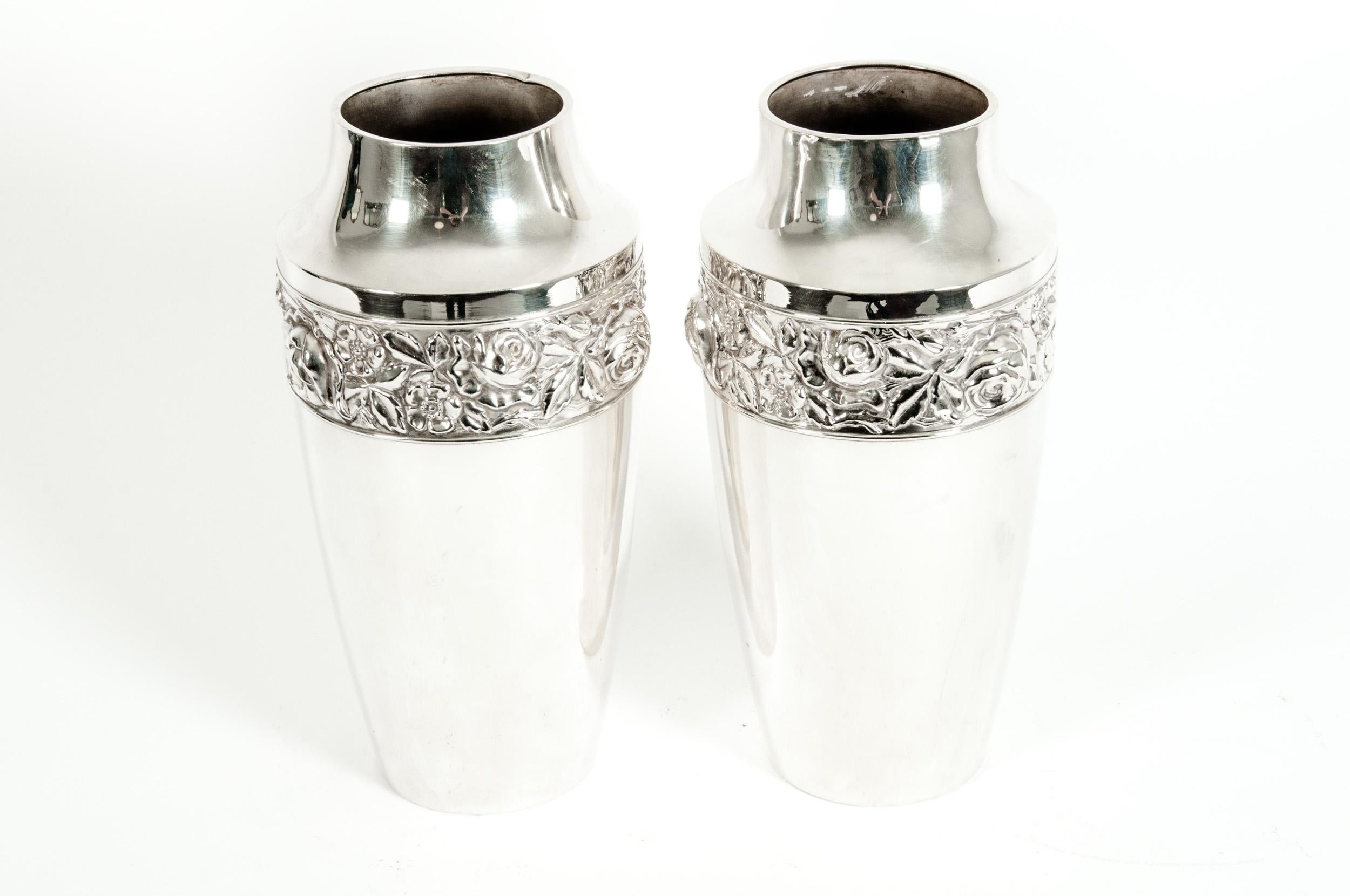 Hand-Crafted Pair of Antique English Silver Plated Hand Chased Vases / Pieces