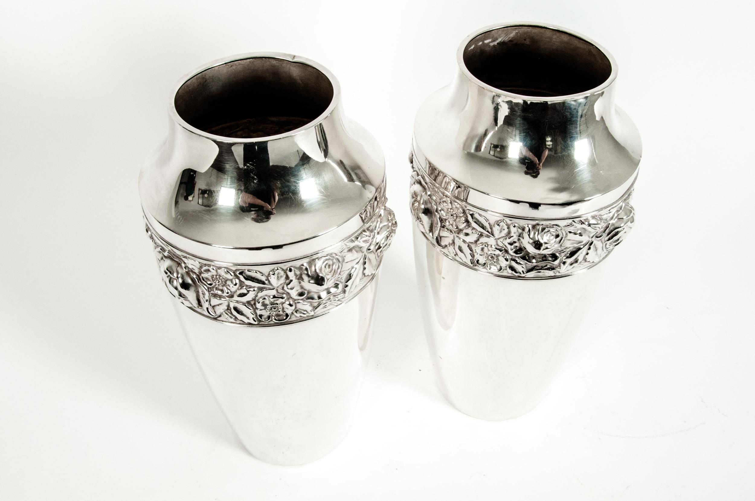 Pair of Antique English Silver Plated Hand Chased Vases / Pieces In Good Condition In Tarry Town, NY